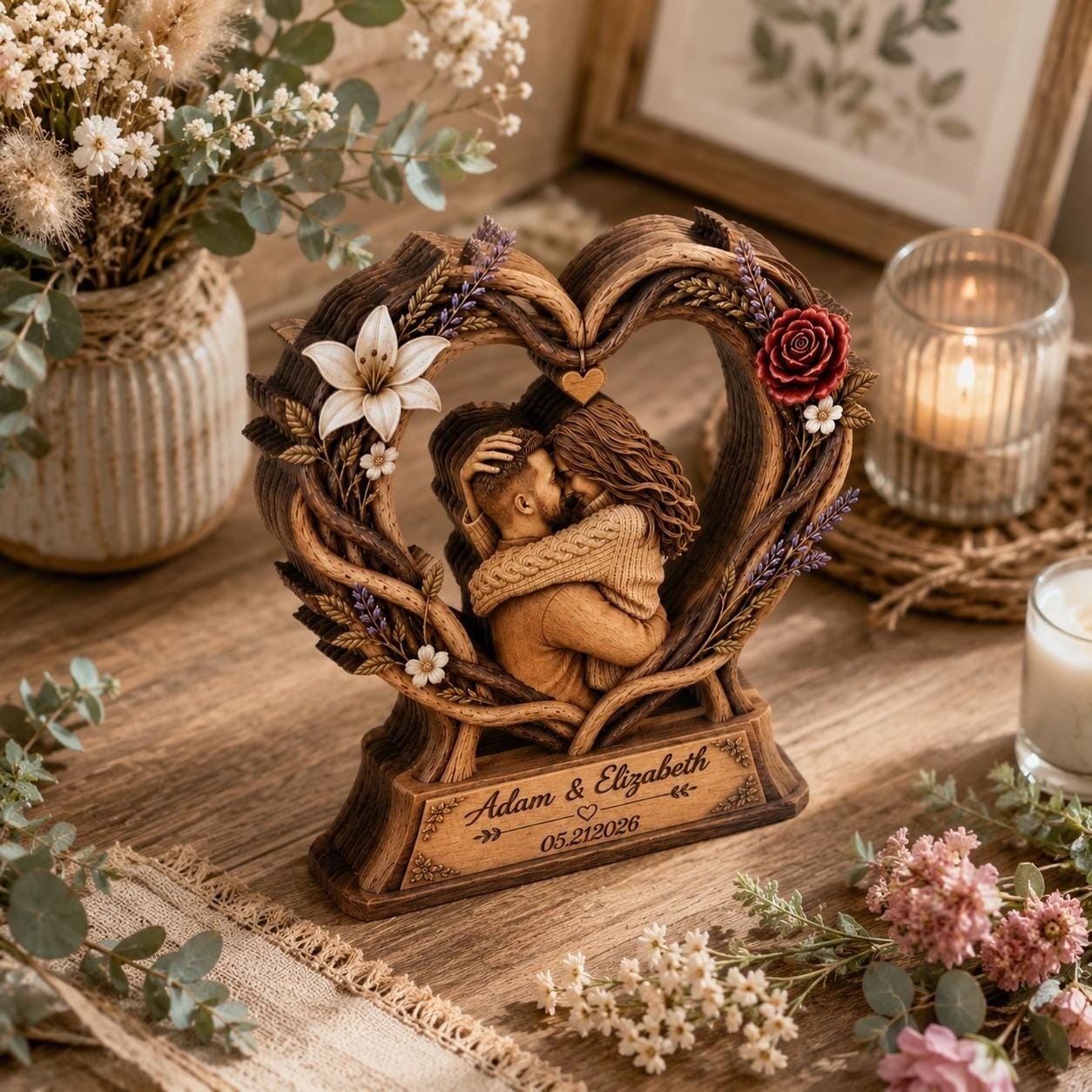 Personalized Couple Photo Heart Wooden Block, Floral Heart Wedding Decor
