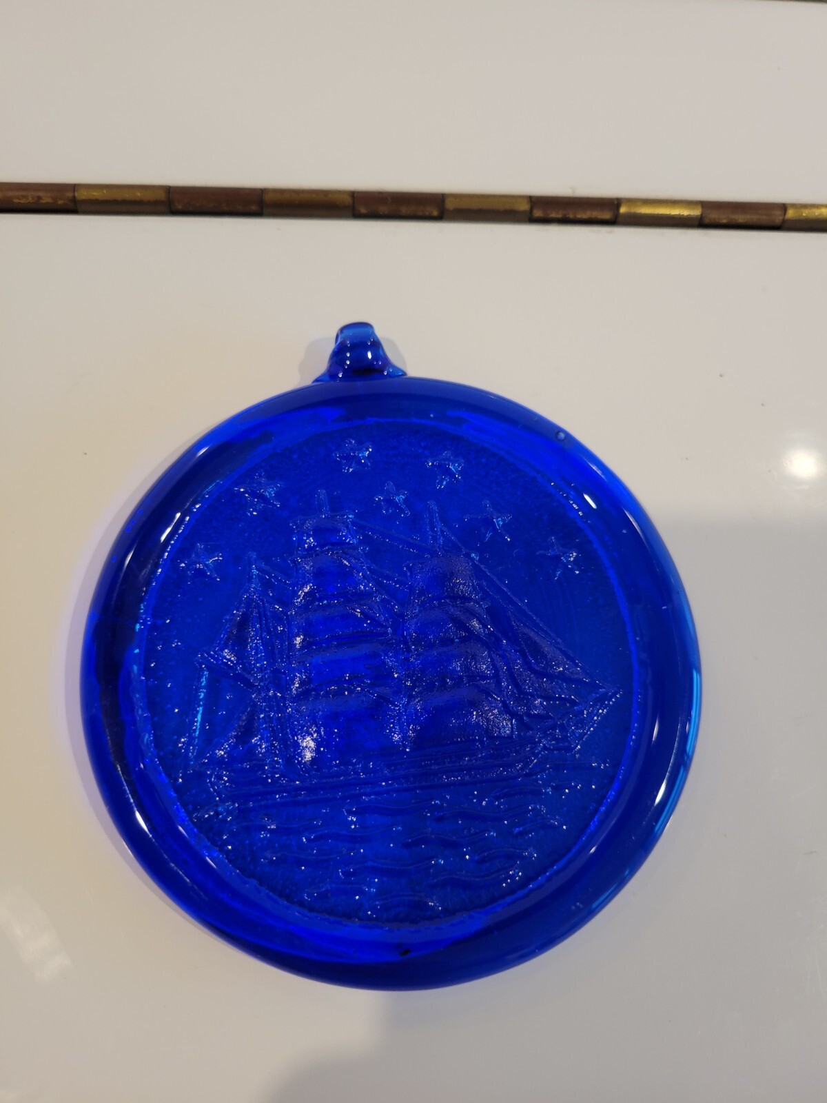 COBALT BLUE GLASS ROUND WALL PLAQUE DECOR RAISED USS SHIP 4.25 INCHES