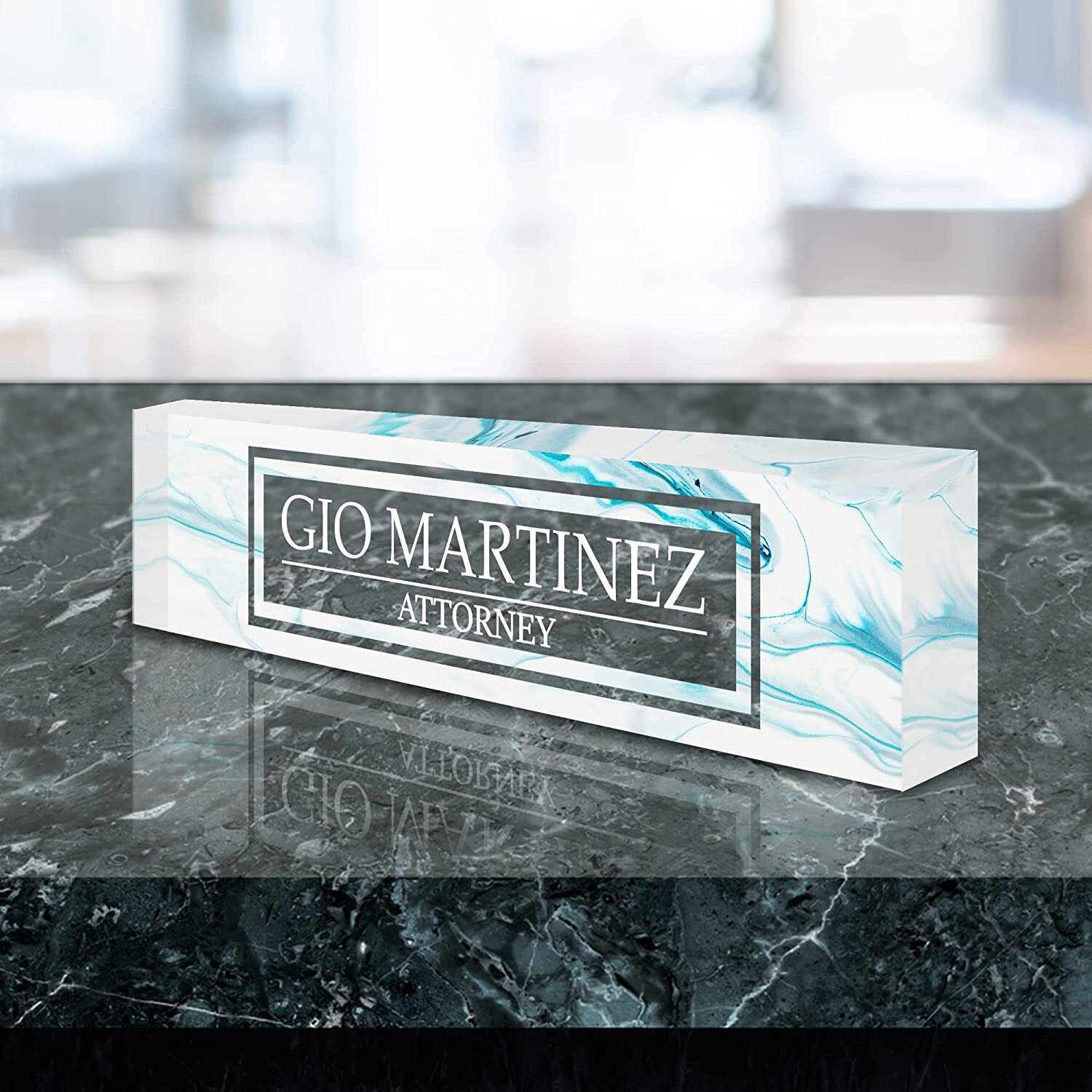 VWAQ Personalized Name Plate for Desk – White Marble On Clear Acrylic ACS35