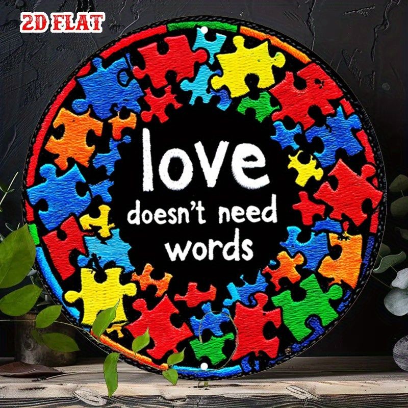 Round Love Doesn’t Need Words Metal Sign Autism Awareness Puzzle Wall Decoration