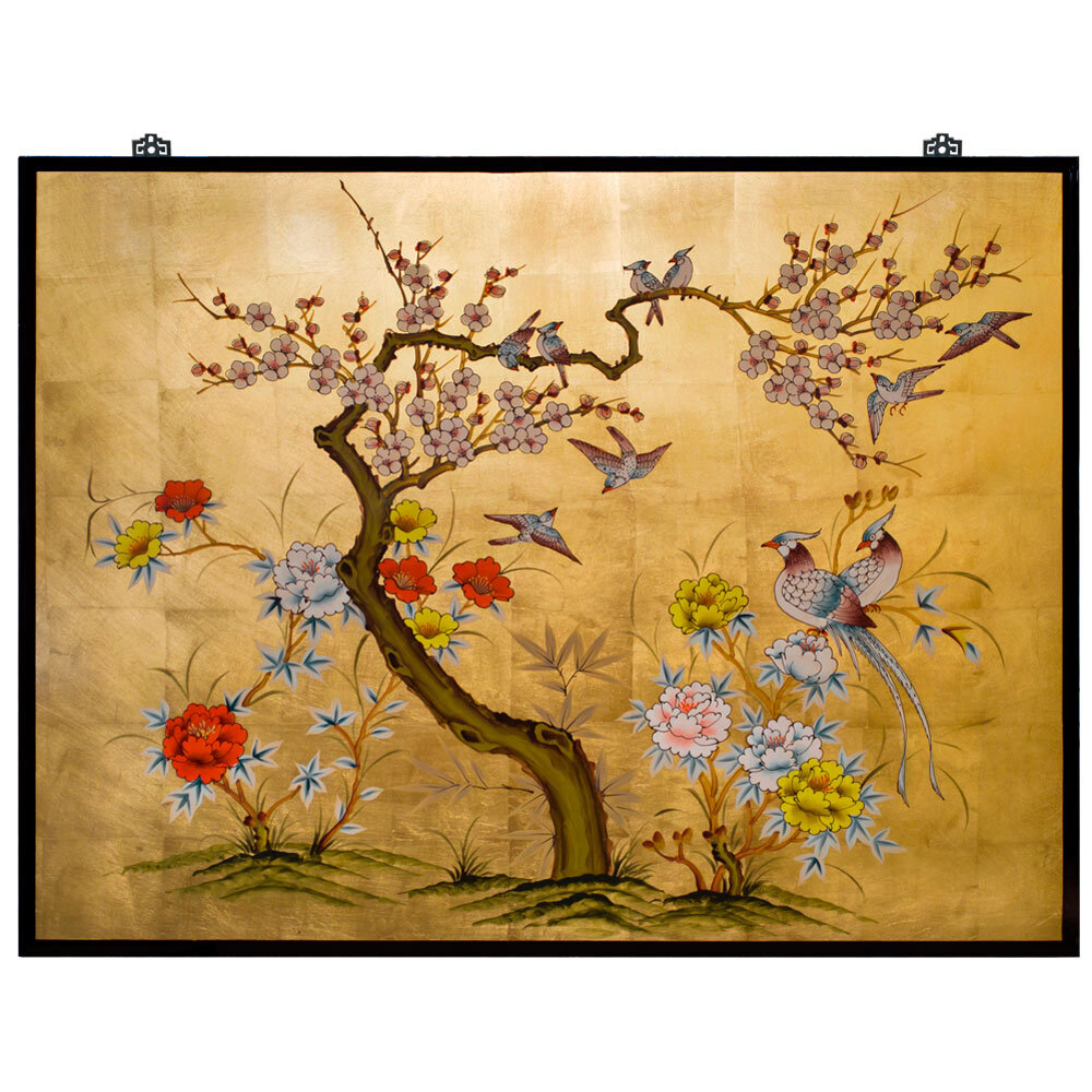 US Seller – Gold Leaf Prosperity Bird and Flower Asian Wall Art