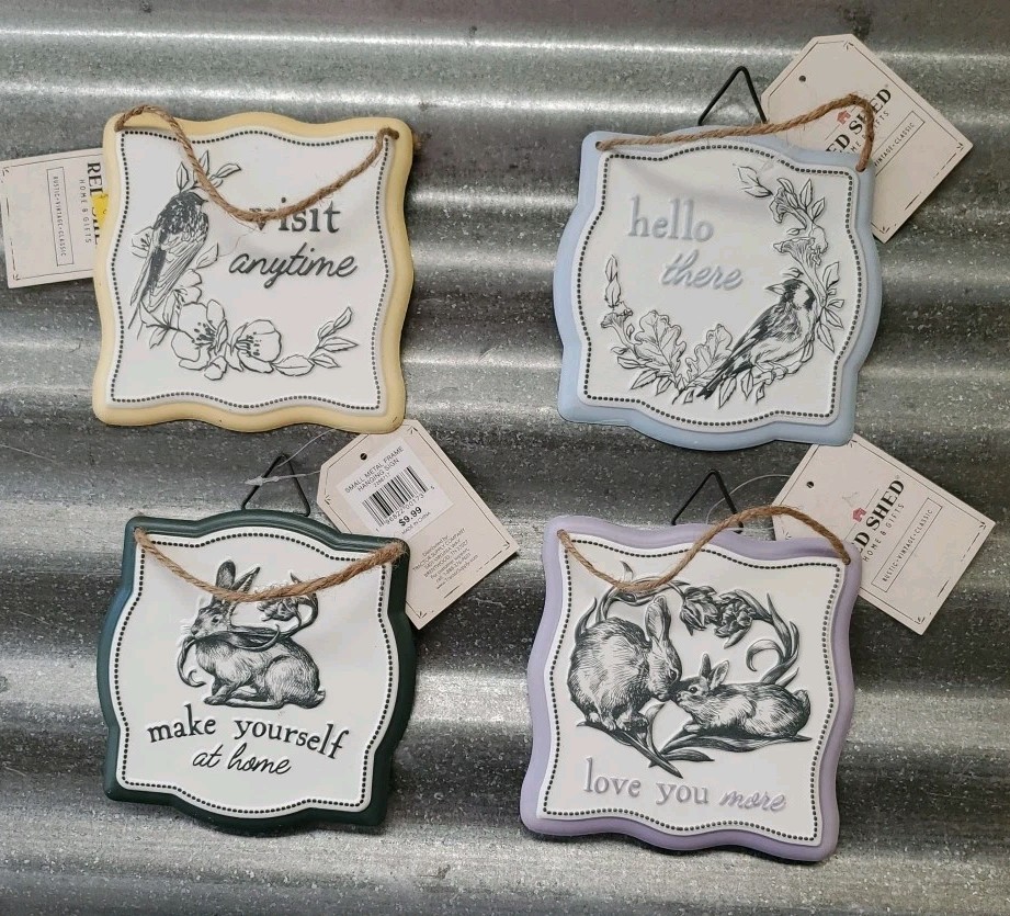 4 Tin Signs Charming Nostalgic Nursery Kitchen Den Pastels Birds Rabbits