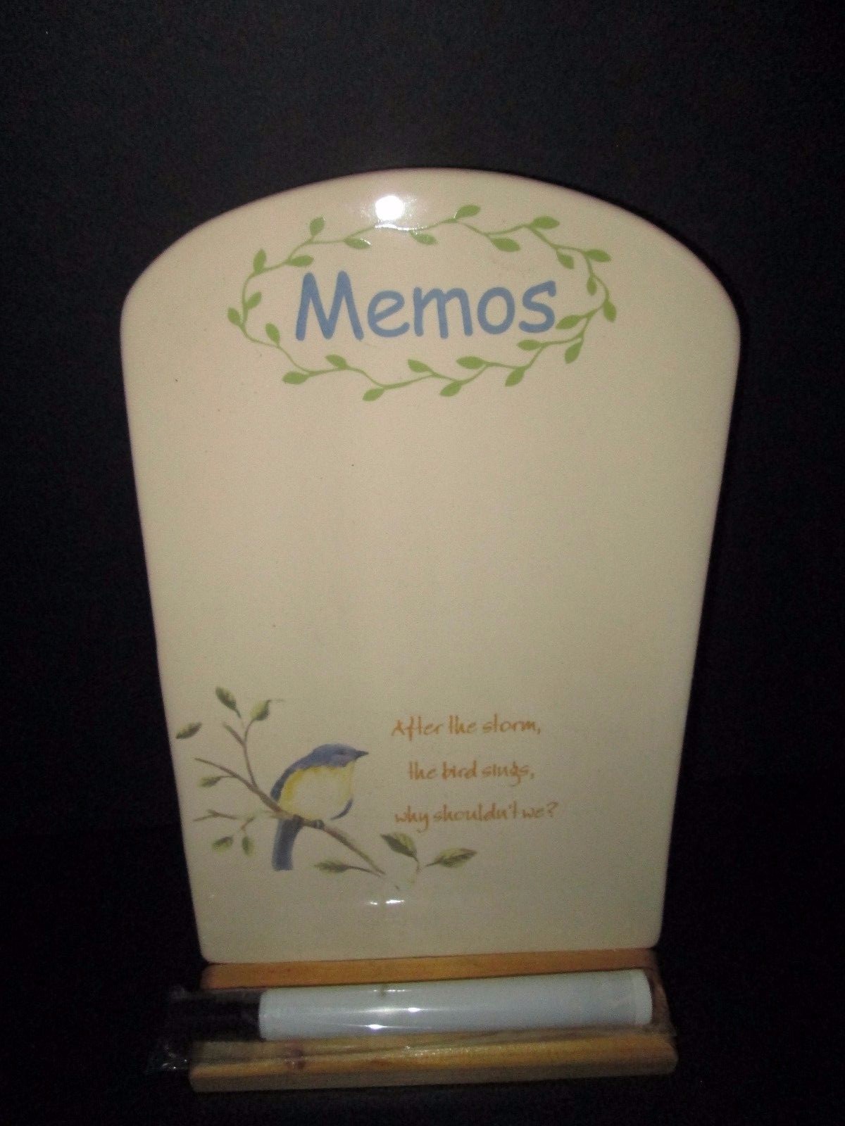 Ceramic “Memos” Plaque w/Wood Stand and Marker, NIB