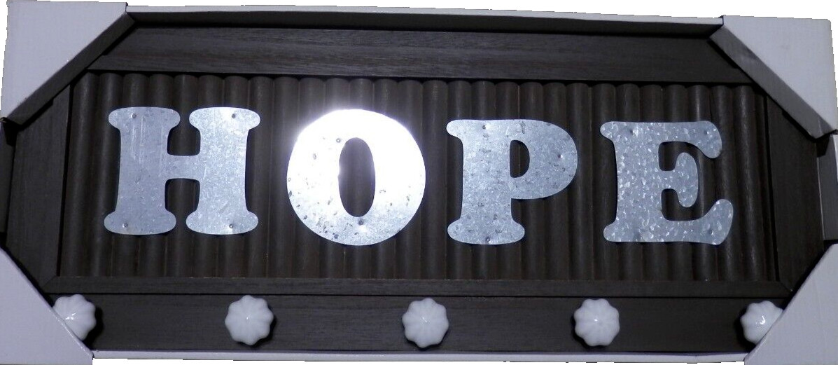 Rustic Style Wall 23 X 10 “Hope” Wood / Tin SIGN with 5 Hanging PORCELAIN KNOBS