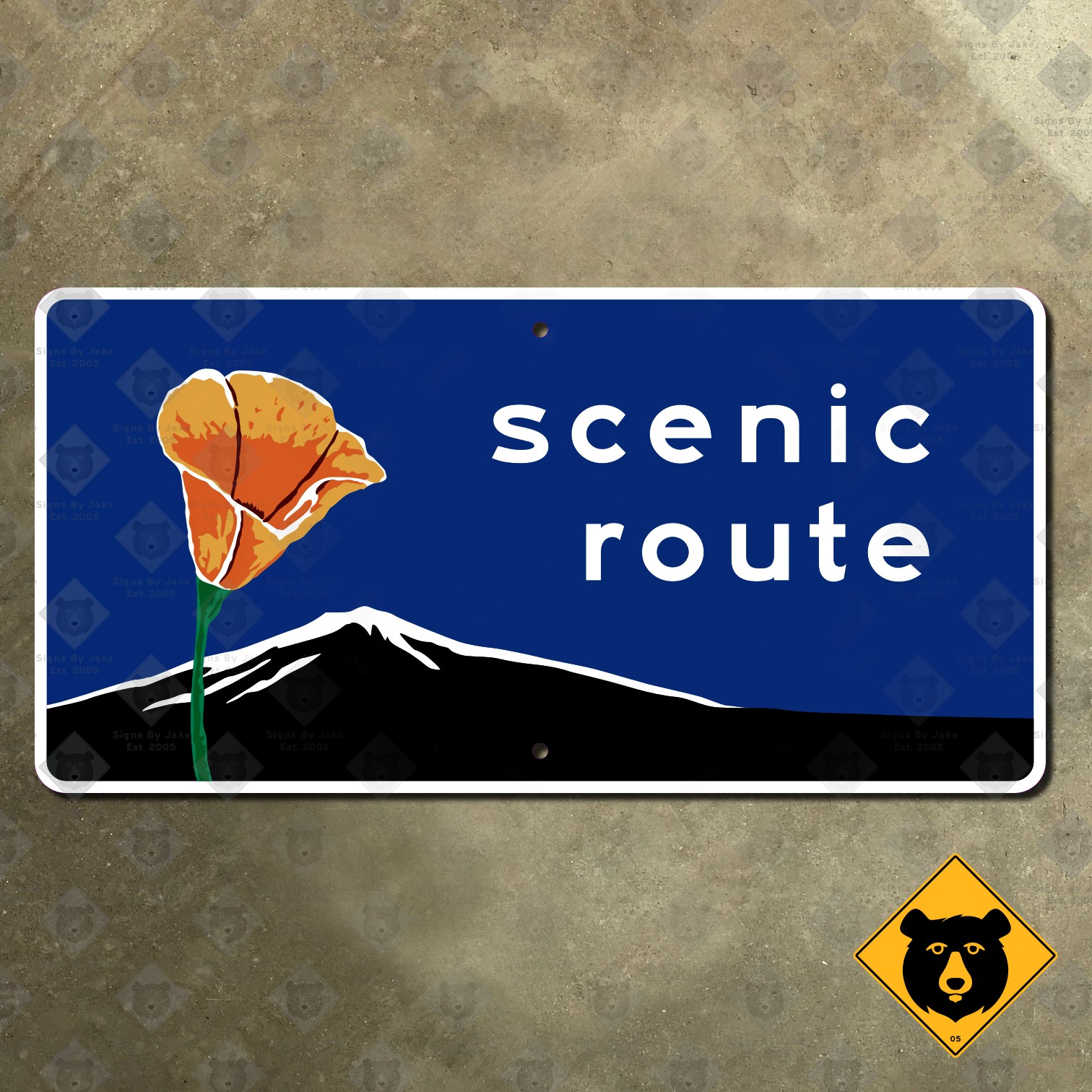 California poppy scenic route text highway marker road sign 1971 mountain 16×8