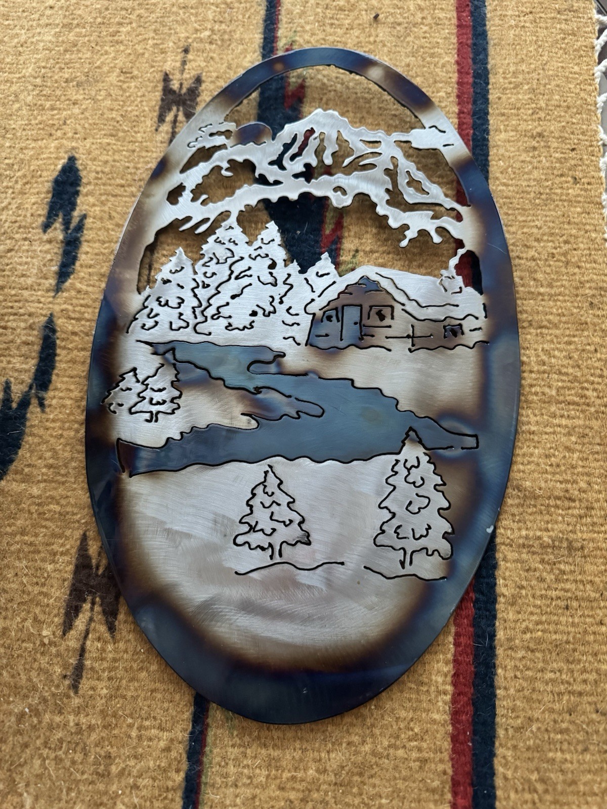 16” Cabin River Metal Trees Wall Art Decor Mountain Pinetree Scene Ready To Hang