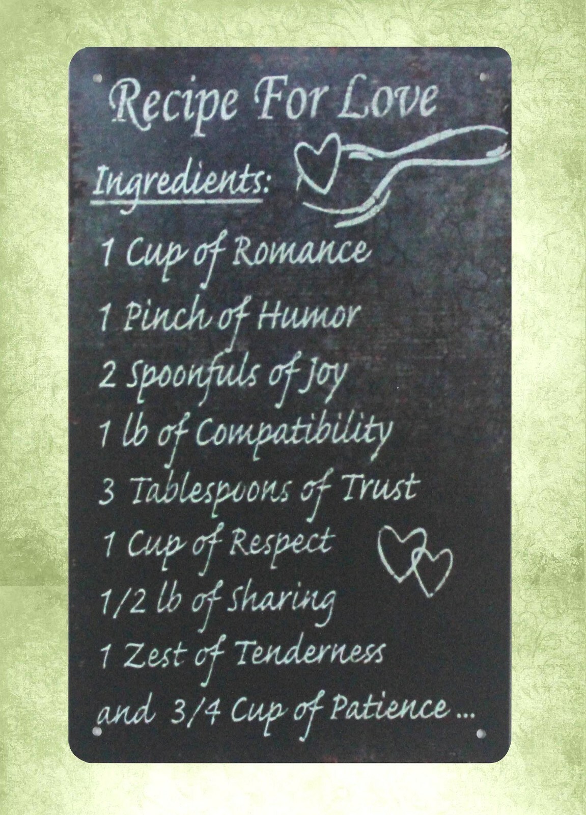 Recipe For Love tin metal sign dorm room wall decor