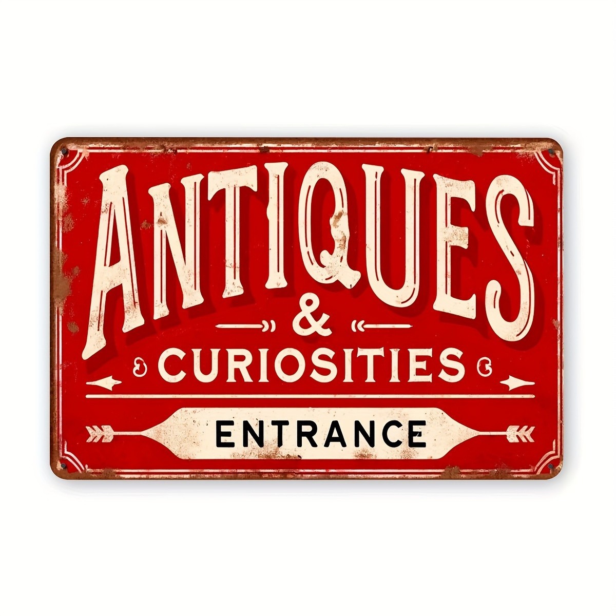 Vintage Red Metal Tin Sign Antiques Curiosities Entrance Antique Shop Wall Decor