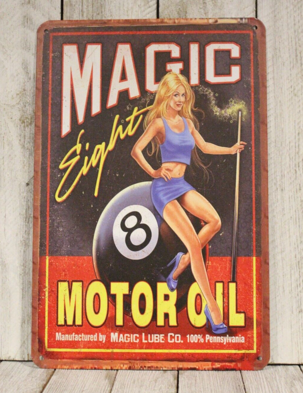 Magic 8 Ball Sexy Pinup Girl Tin Sign Vintage Rustic Style Motor Oil Garage