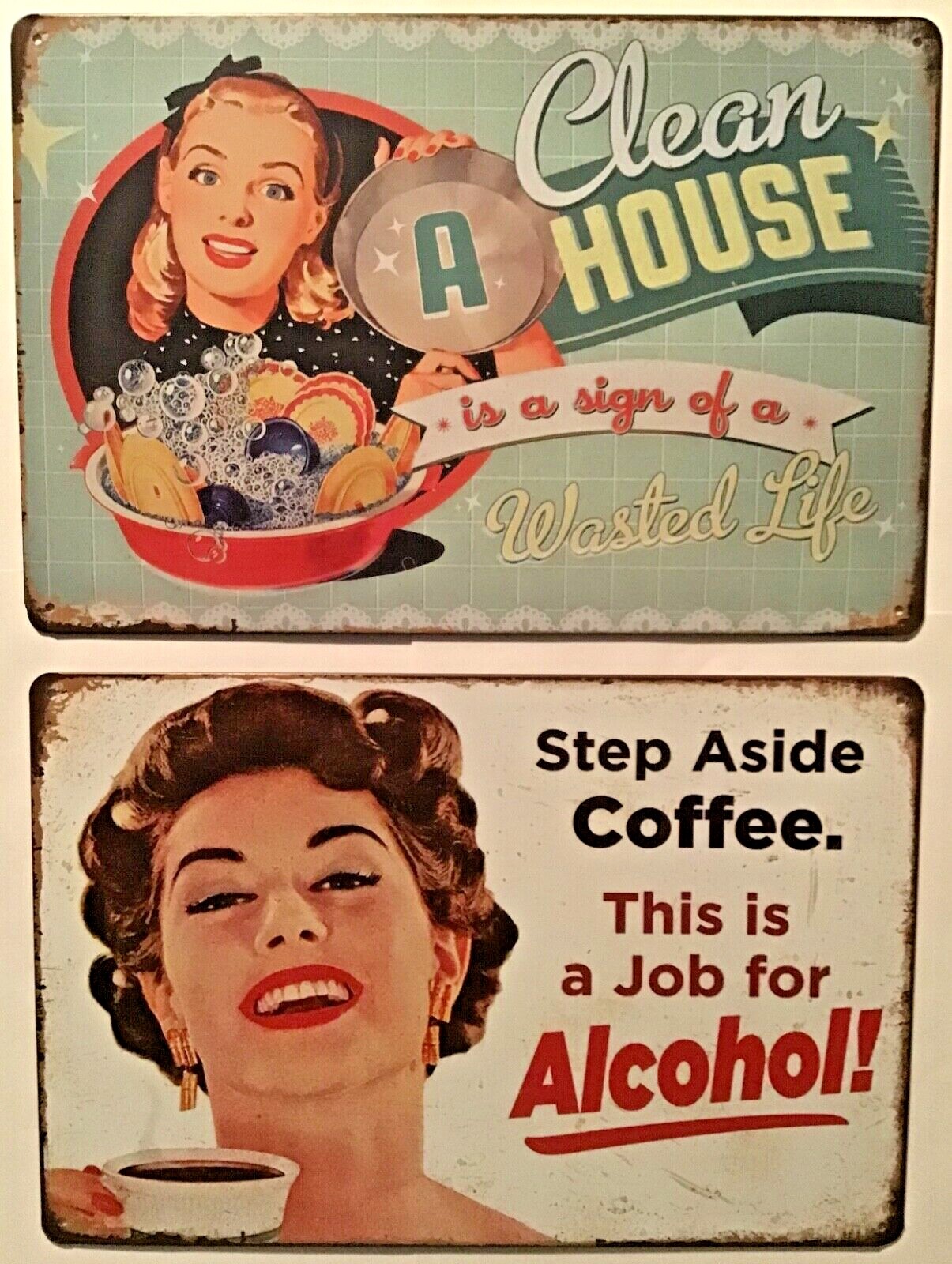 8×12 TIN SIGNS 2pc SET funny cleaning alcohol coffee kitchen wall door plaques