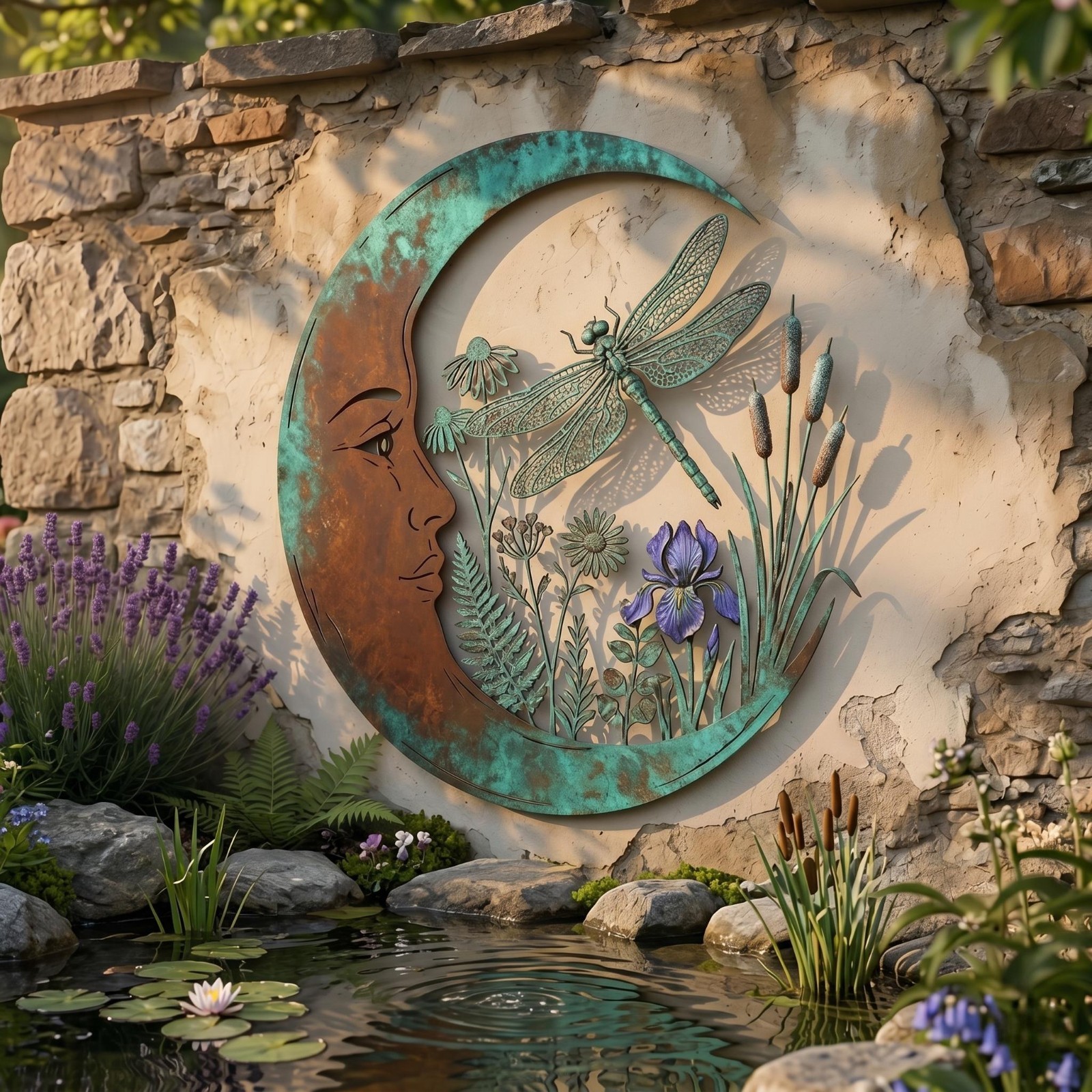 Dragonfly Moon Wall Art, Metal Garden Decor, Celestial Wall Hanging