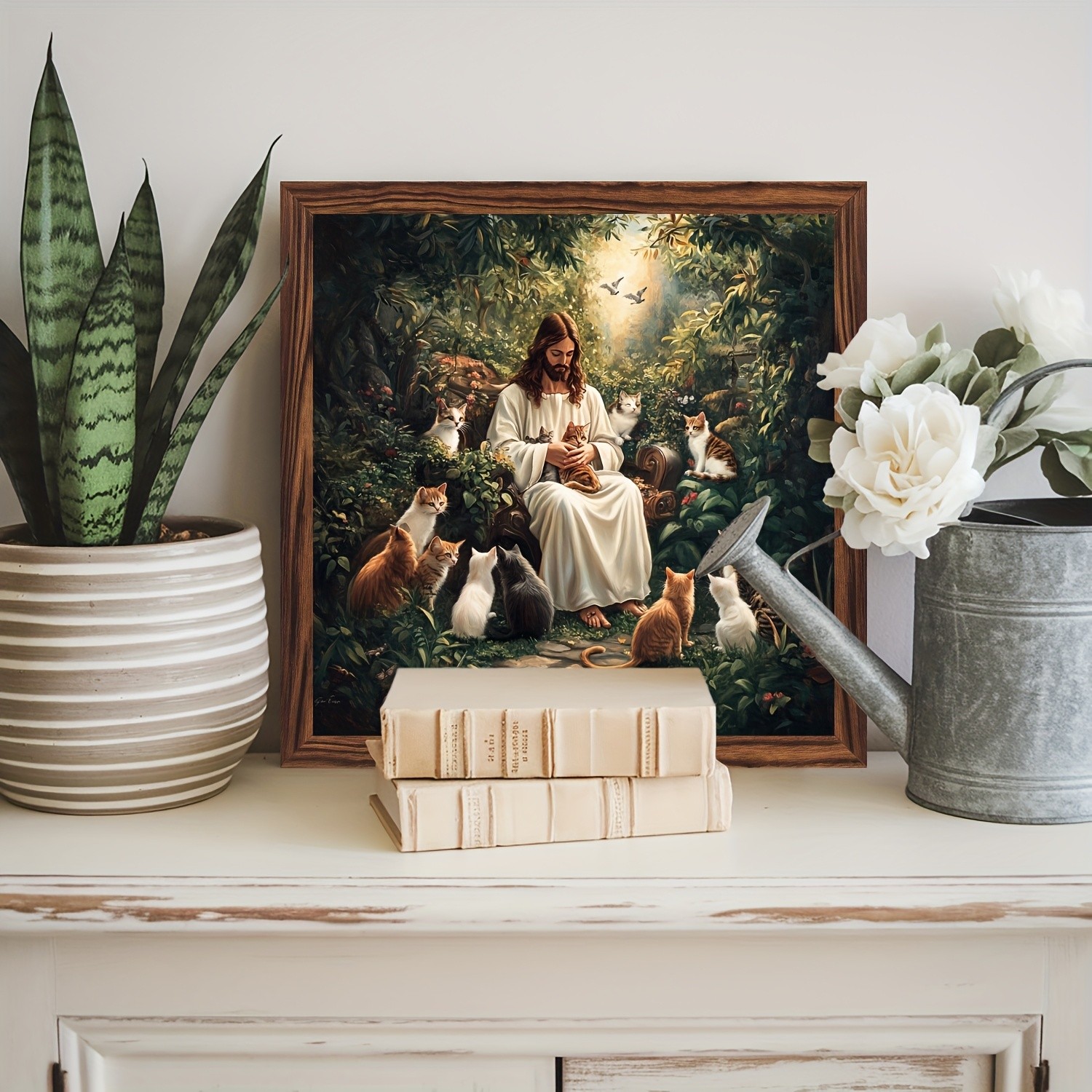 2D Vintage Jesus with Cats Wooden Wall Art Framed Decorative Sign Home Bar Decor