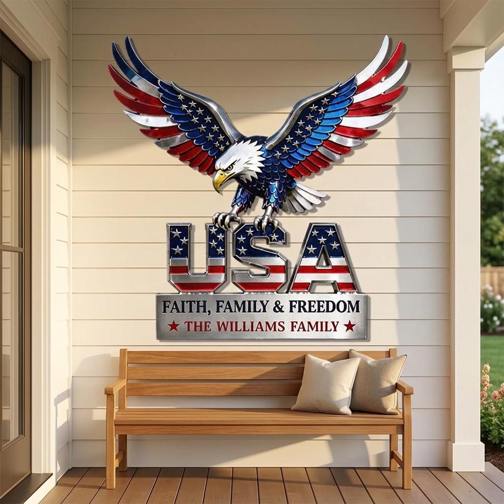 Custom USA Eagle Metal Sign, Patriotic Family Name Wall Art, American Flag Eagle