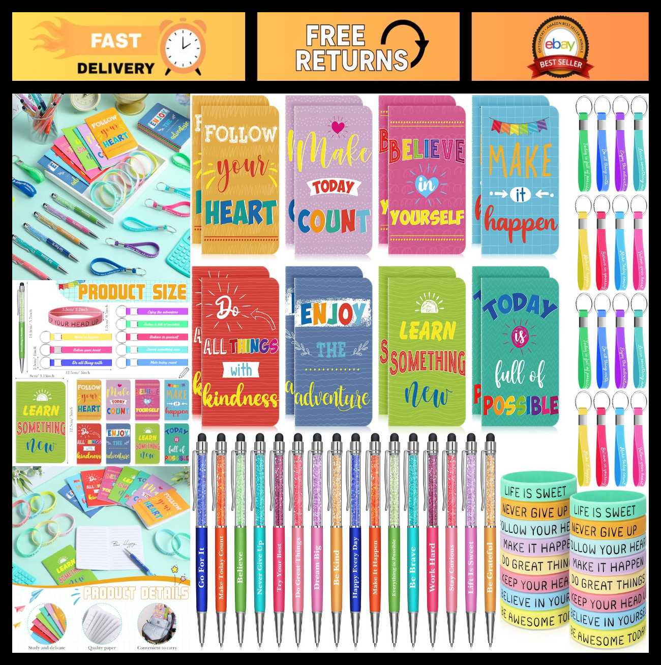 64 Pcs Inspirational Gift Set – Motivational Notebooks, Pens, Wristbands & Keych