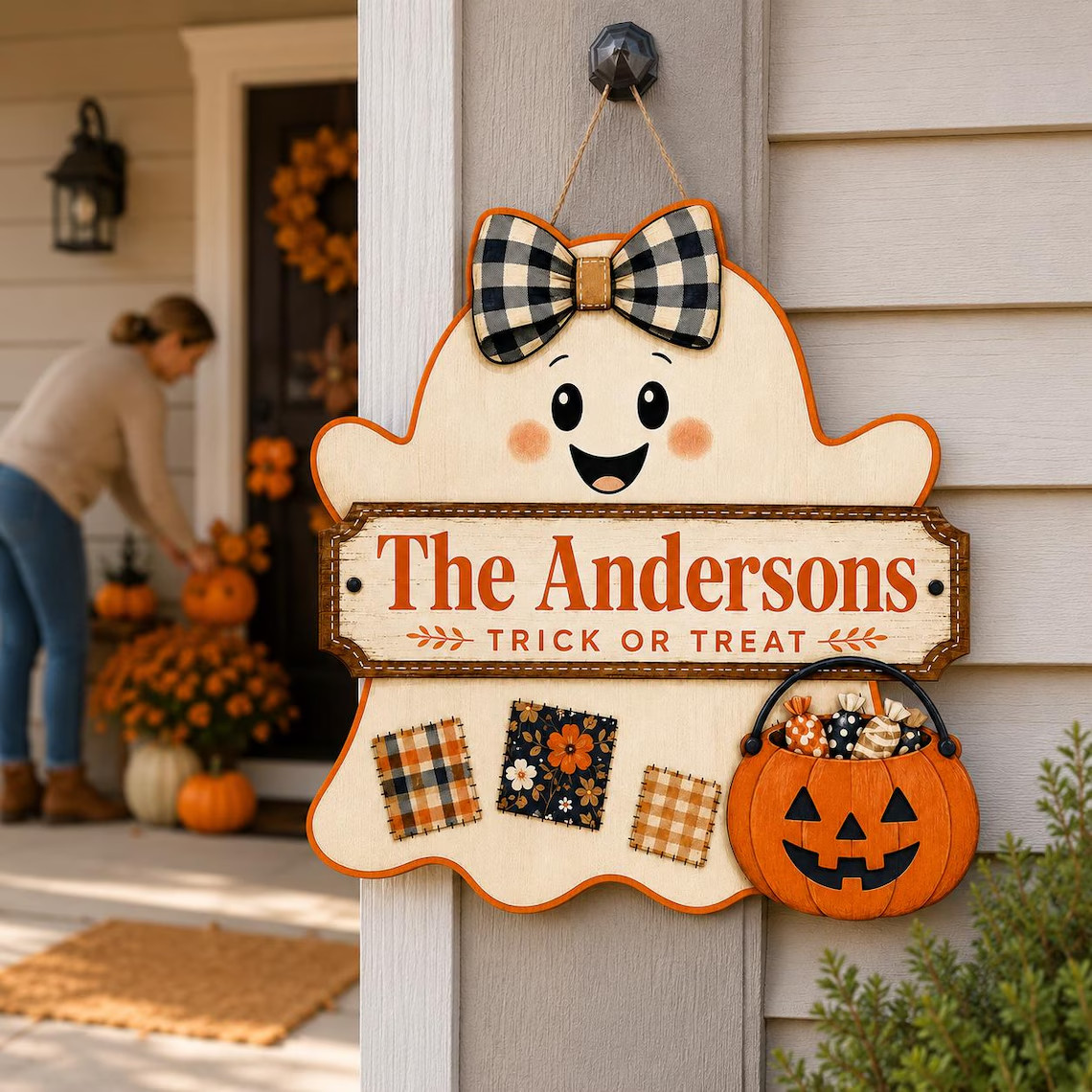 Personalized Ghost Halloween Door Hanger Custom Family Name Trick or Treat Sign