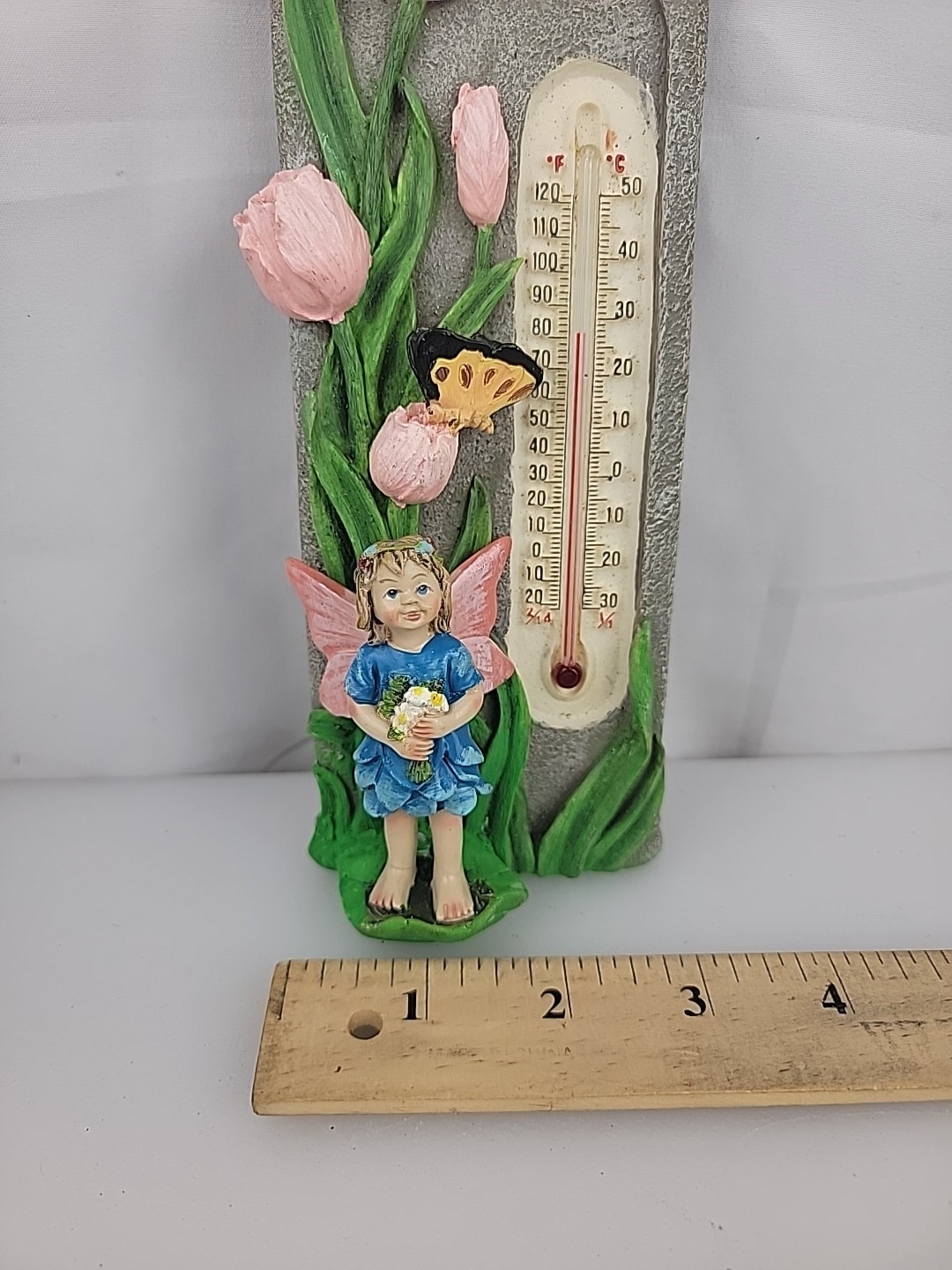 Resin Wall Fairy, Butterflie & Pink Lilies Plaque Thermometer