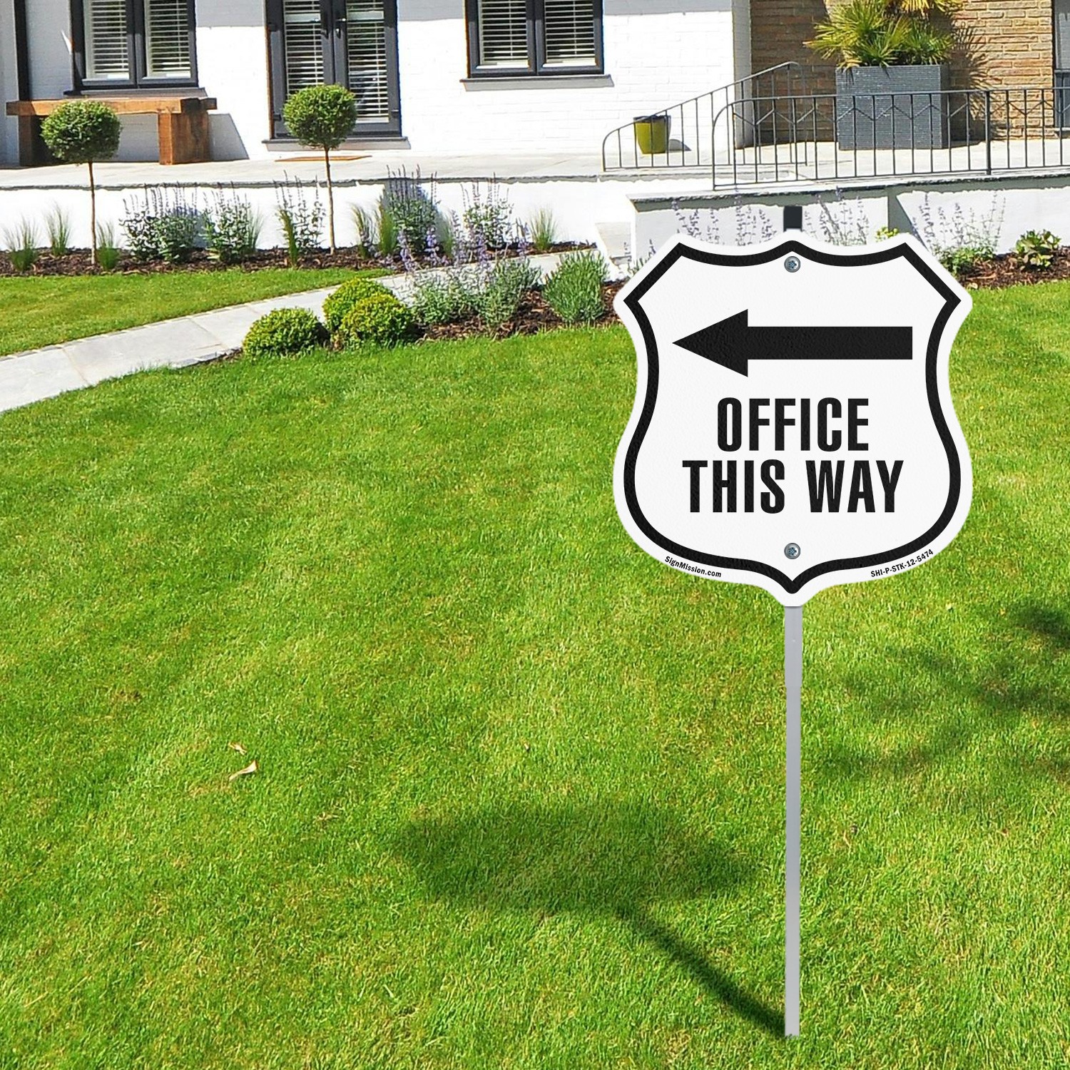 Office This Way Left Shield Shaped Sign With Stake Crafted in the USA
