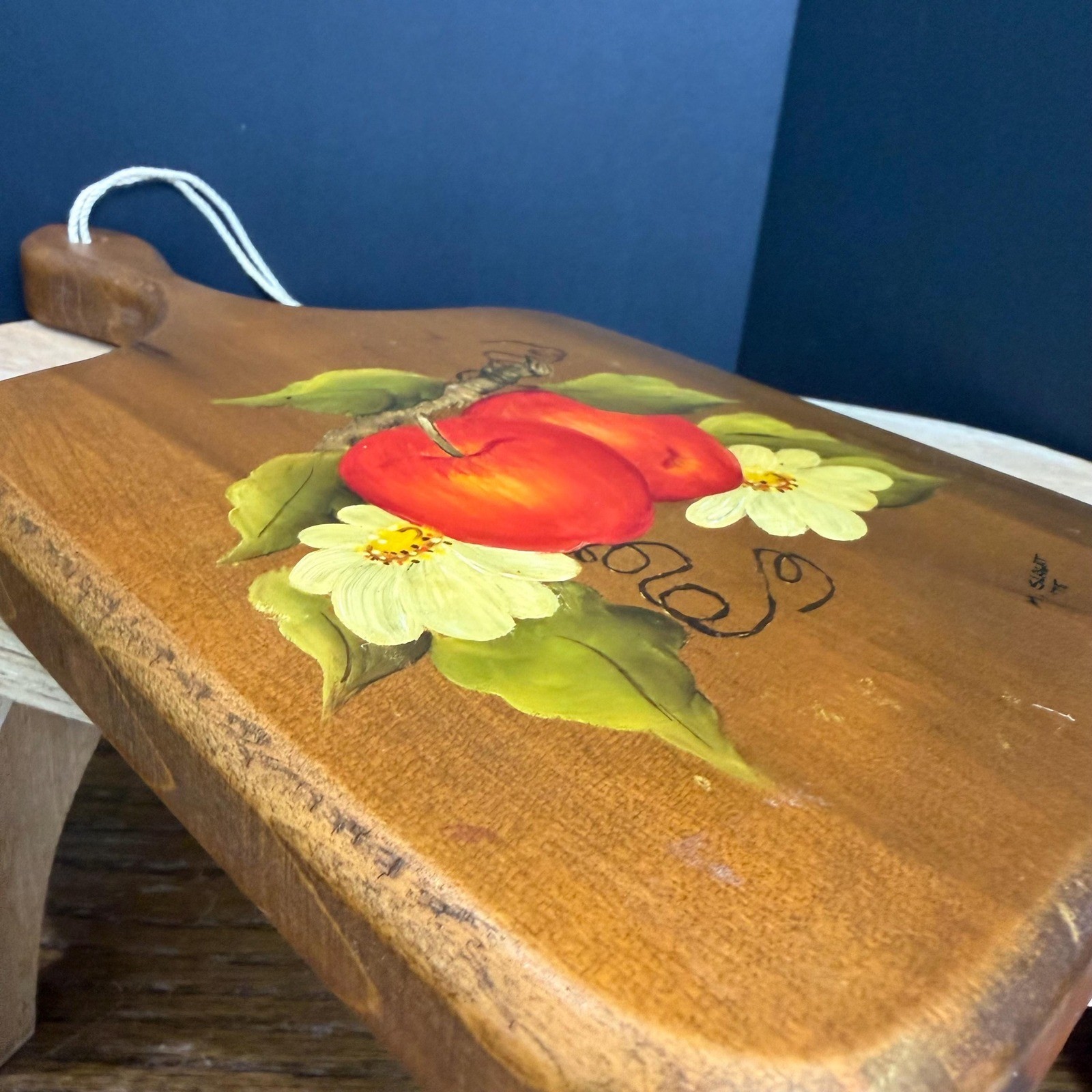 Hand Painted Apple Cutting Board Wall Decor Signed 1975 Wooden Vintage Farmhouse