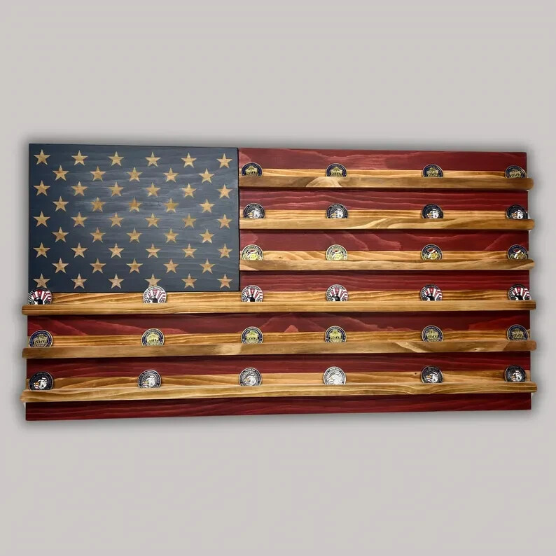 New Coin Holder Wooden American Flag Patriot Finished Hand Painted Beautiful