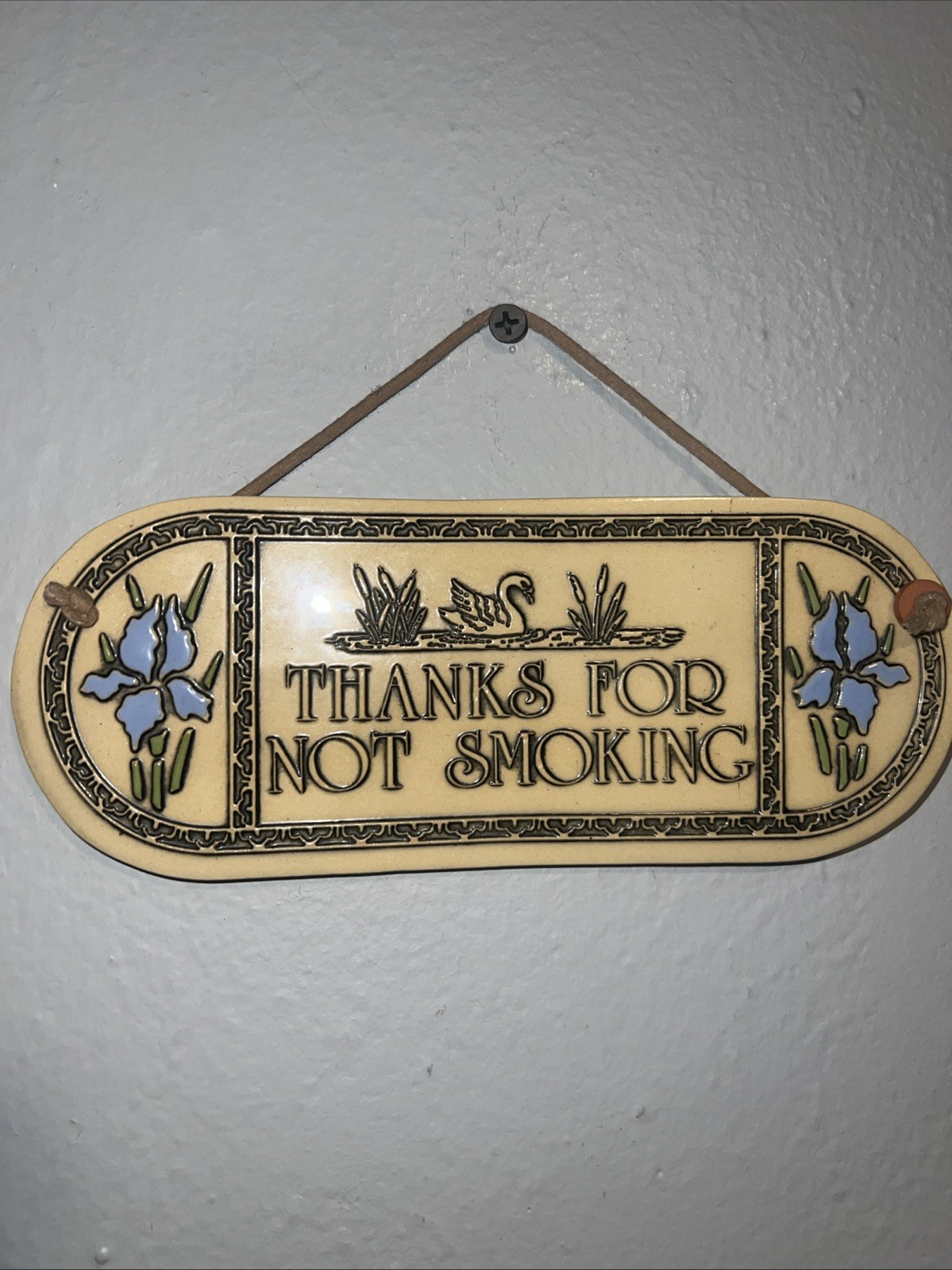 Trinity Pottery “Thanks for not Smoking” glazed ceramic wall plaque Vintage 7X3”
