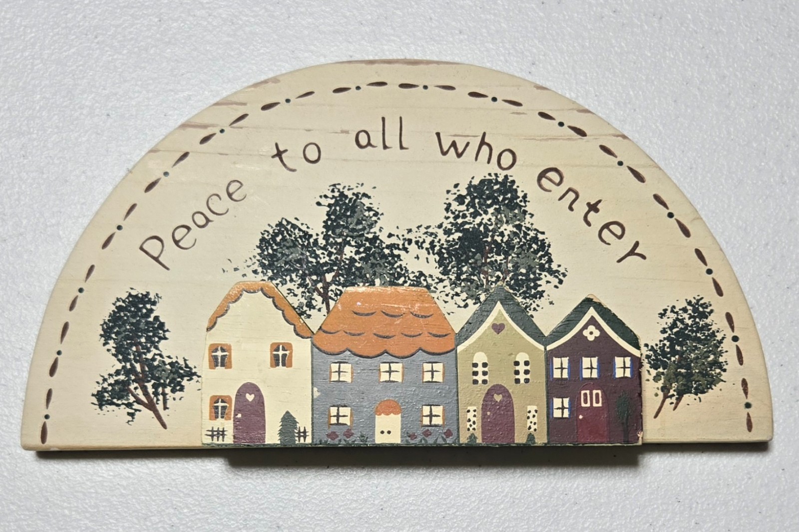 Wooden Crescent Wall Plaque Stating “Peace to all who enter” 5.5″ Tall 10″ Wide