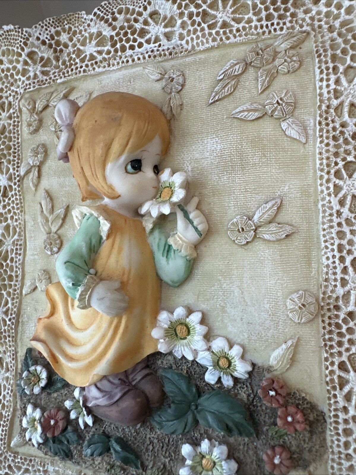 2 Decorative Ceramic/Plaster Little Girls with Flowers Wall Plaques