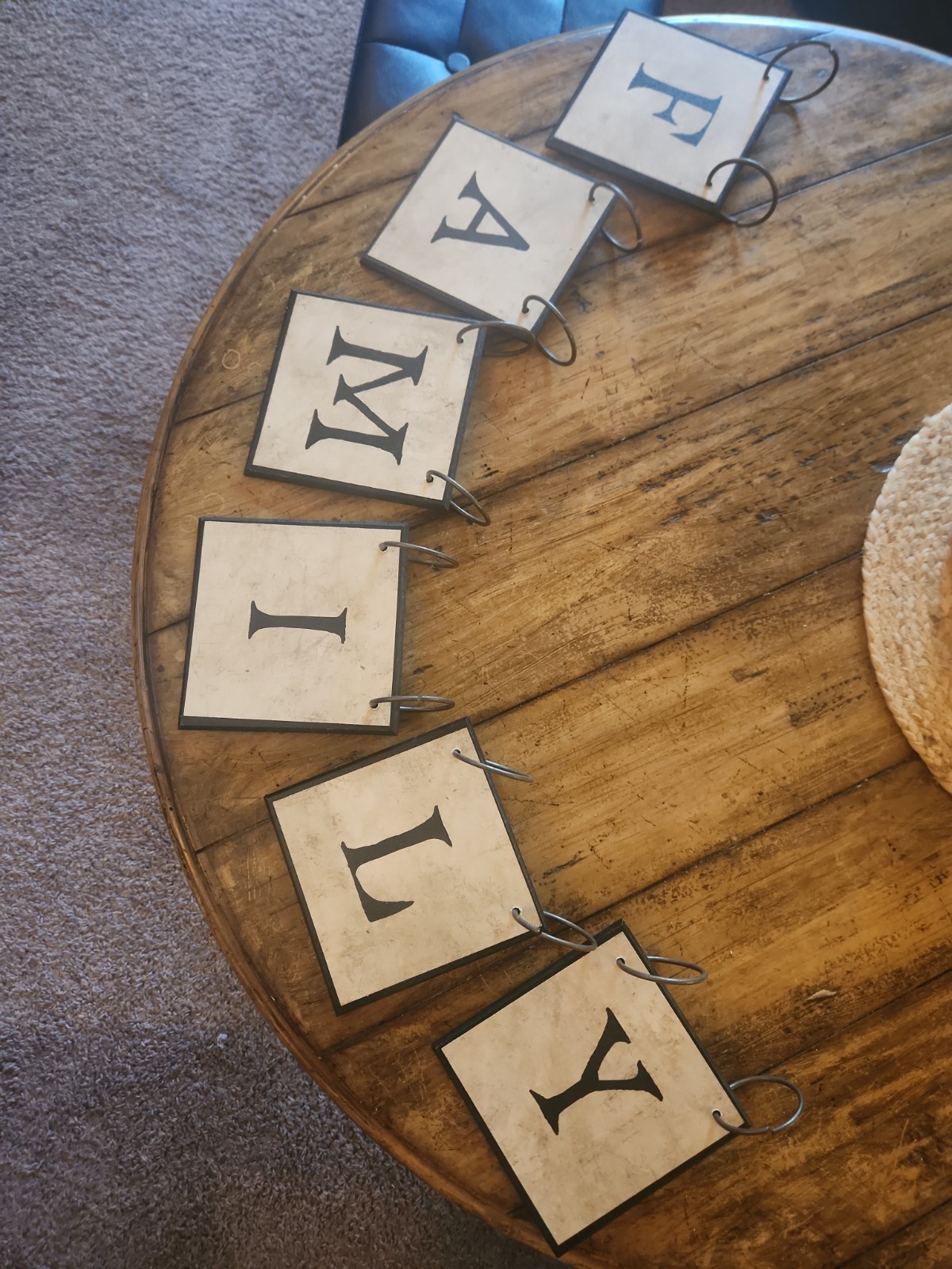 “Family” Hanging Letters Wood With Metal Loops String Up On Rope, Chain, Or Rod