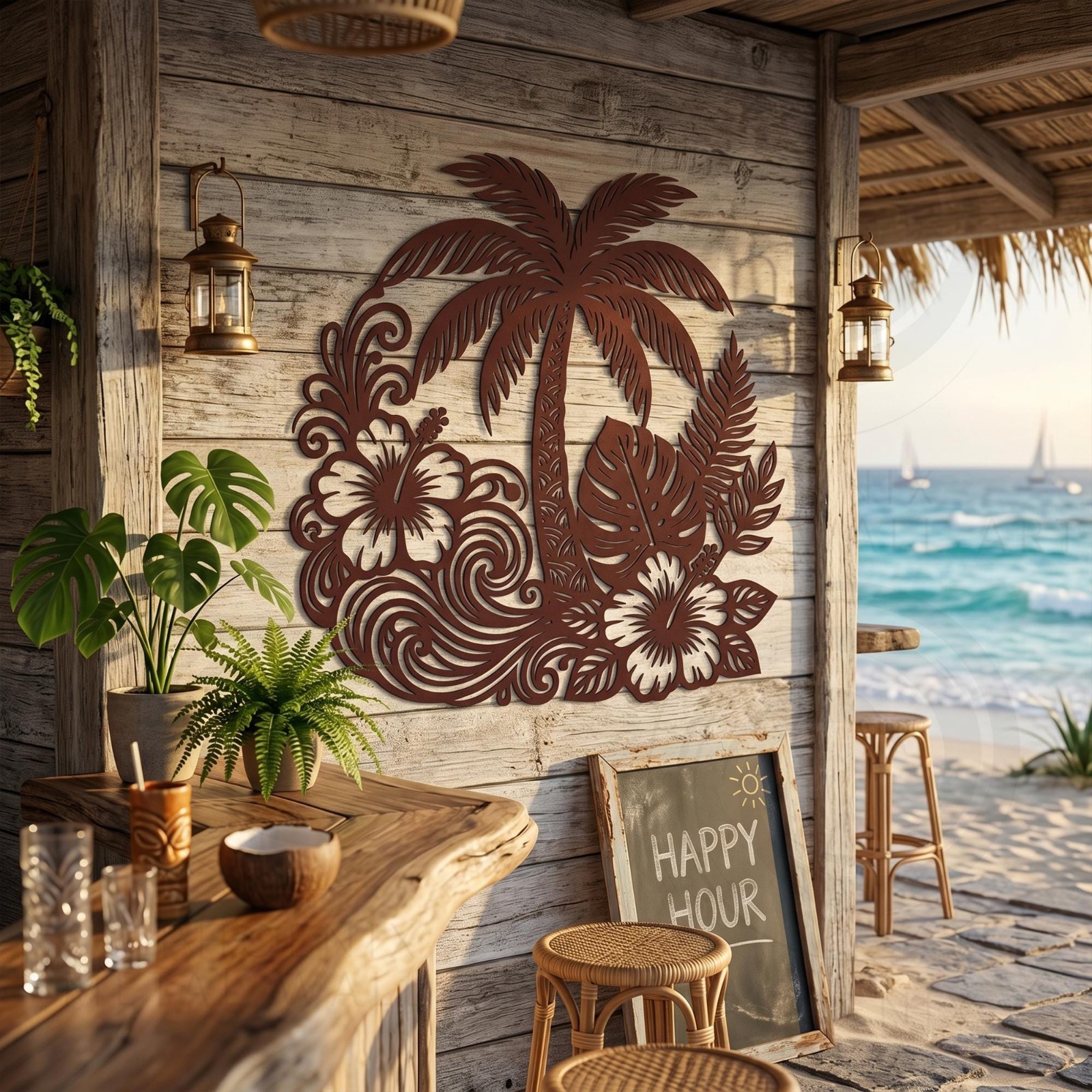 Tropical Palm Tree Metal Wall Art, Hawaiian Beach Decor, Coastal Metal Sign