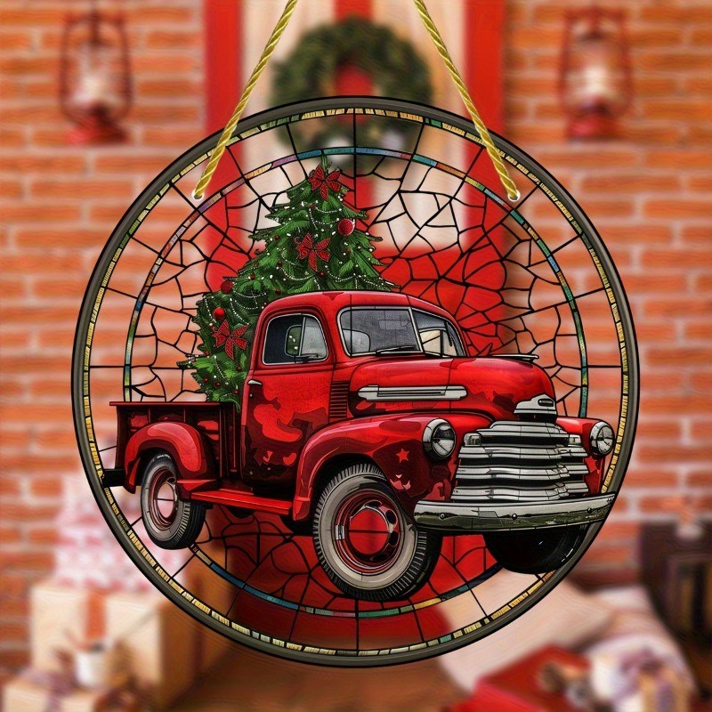 Vintage Red Truck Acrylic Sun Catcher 8*8in Round Colorful Decor