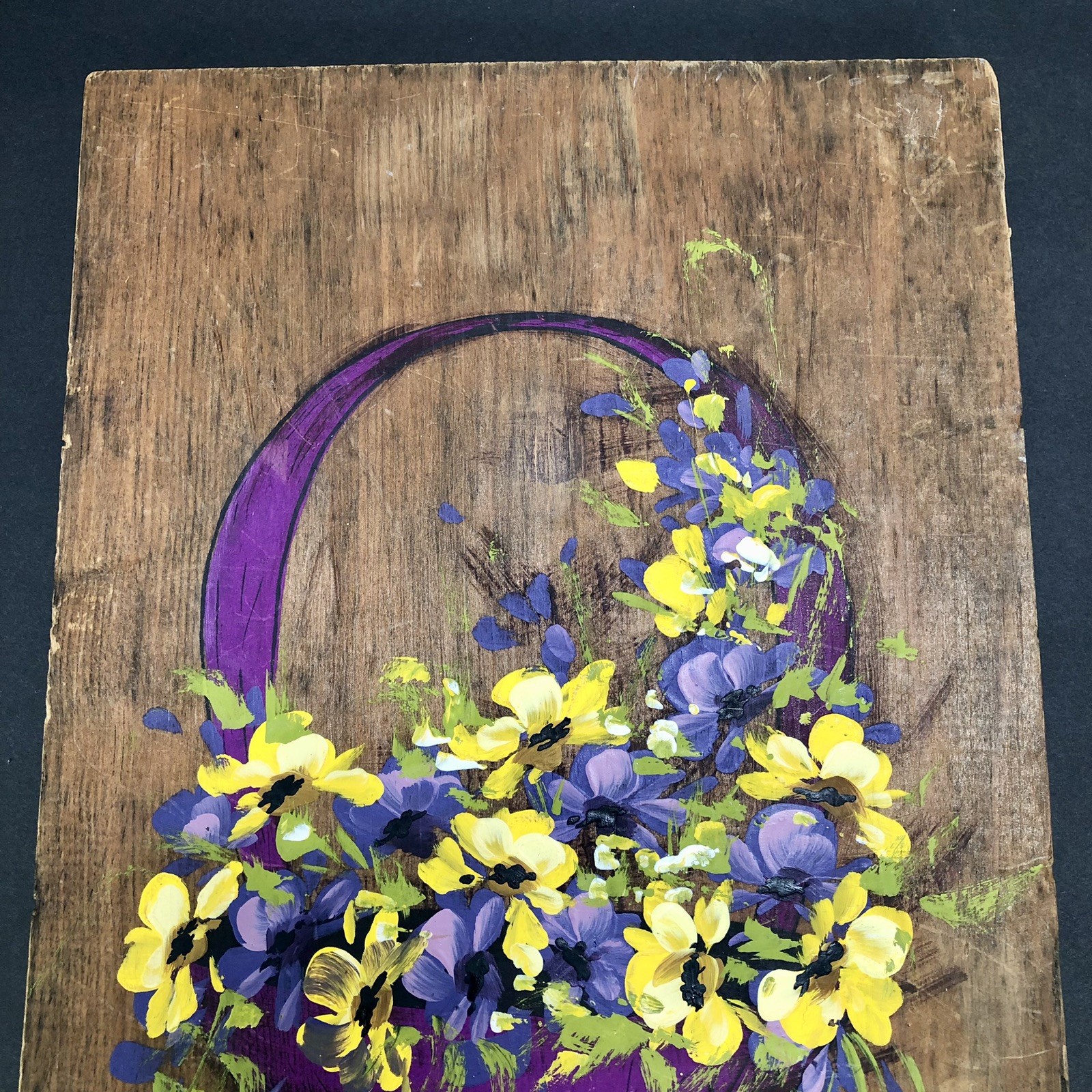 Hand Painted purple yellow Pansies Violets Reclaimed Wood Farmhouse Rustic Cabin