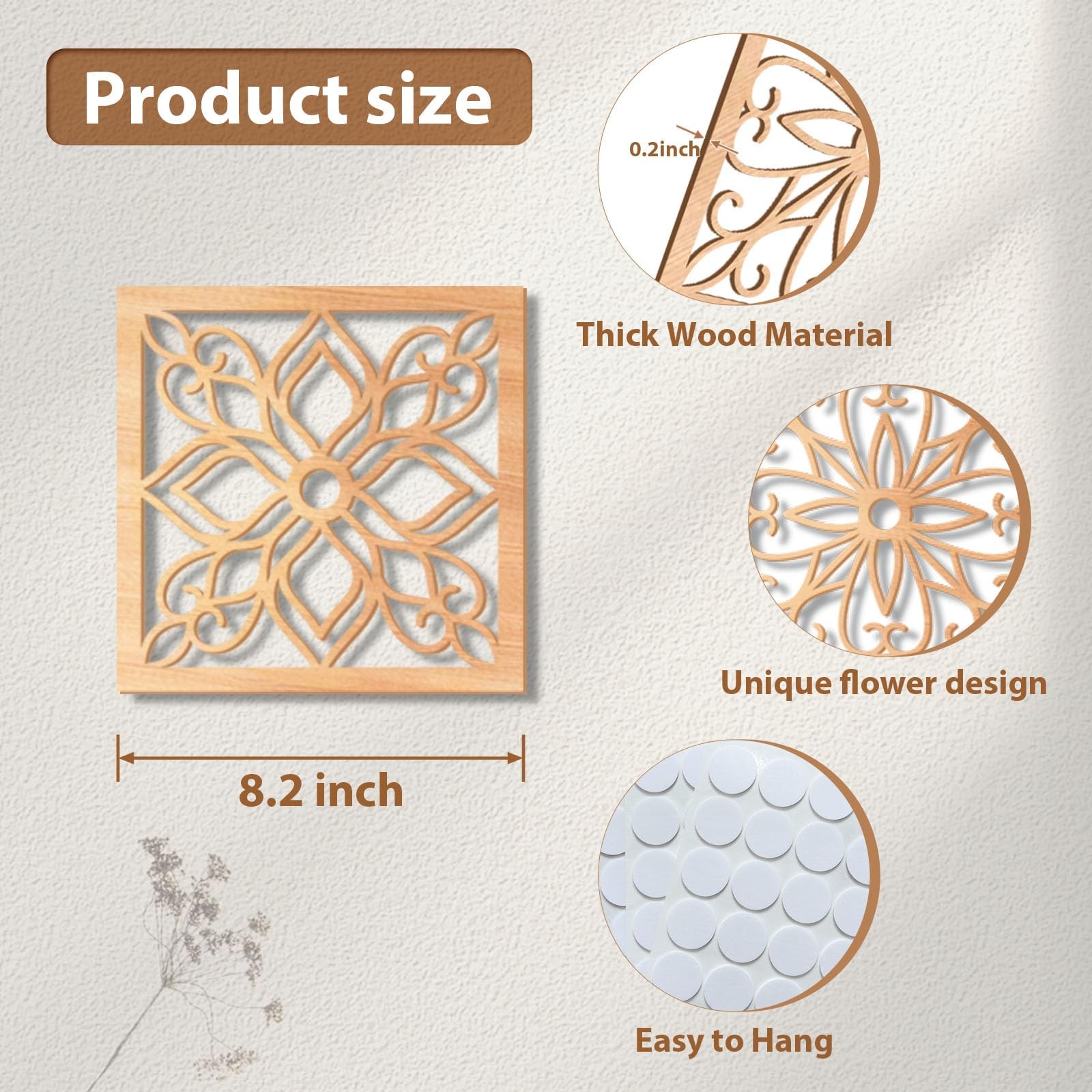 KOYILTD 4 Pieces Thicken Rustic Wall Decor,Flower Carved Wall Art,Wooden Holl…