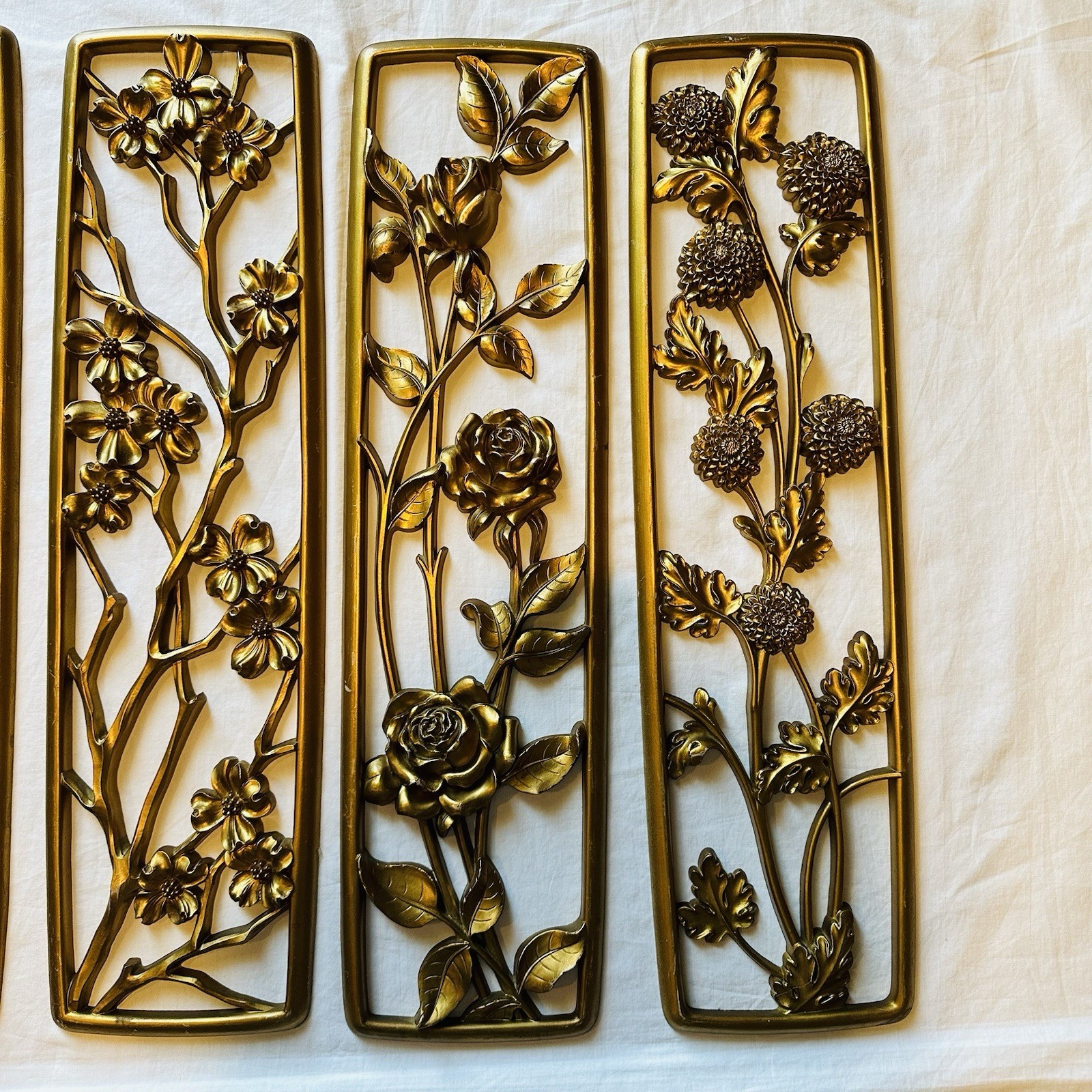 4 Vtg Panels Syrco Four Seasons Gold Wall Plaques Art Hangings Floral MCM 1954
