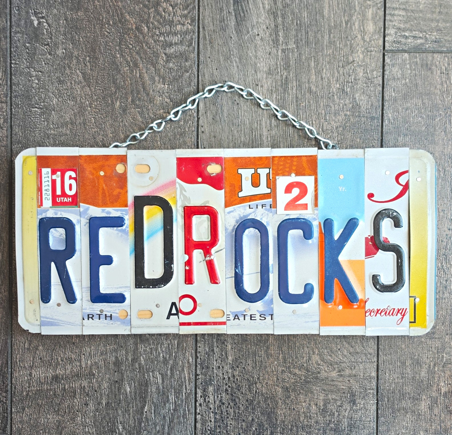 Red Rocks Decorative Hanging Sign, License Plate Style, Wood & Metal Rustic