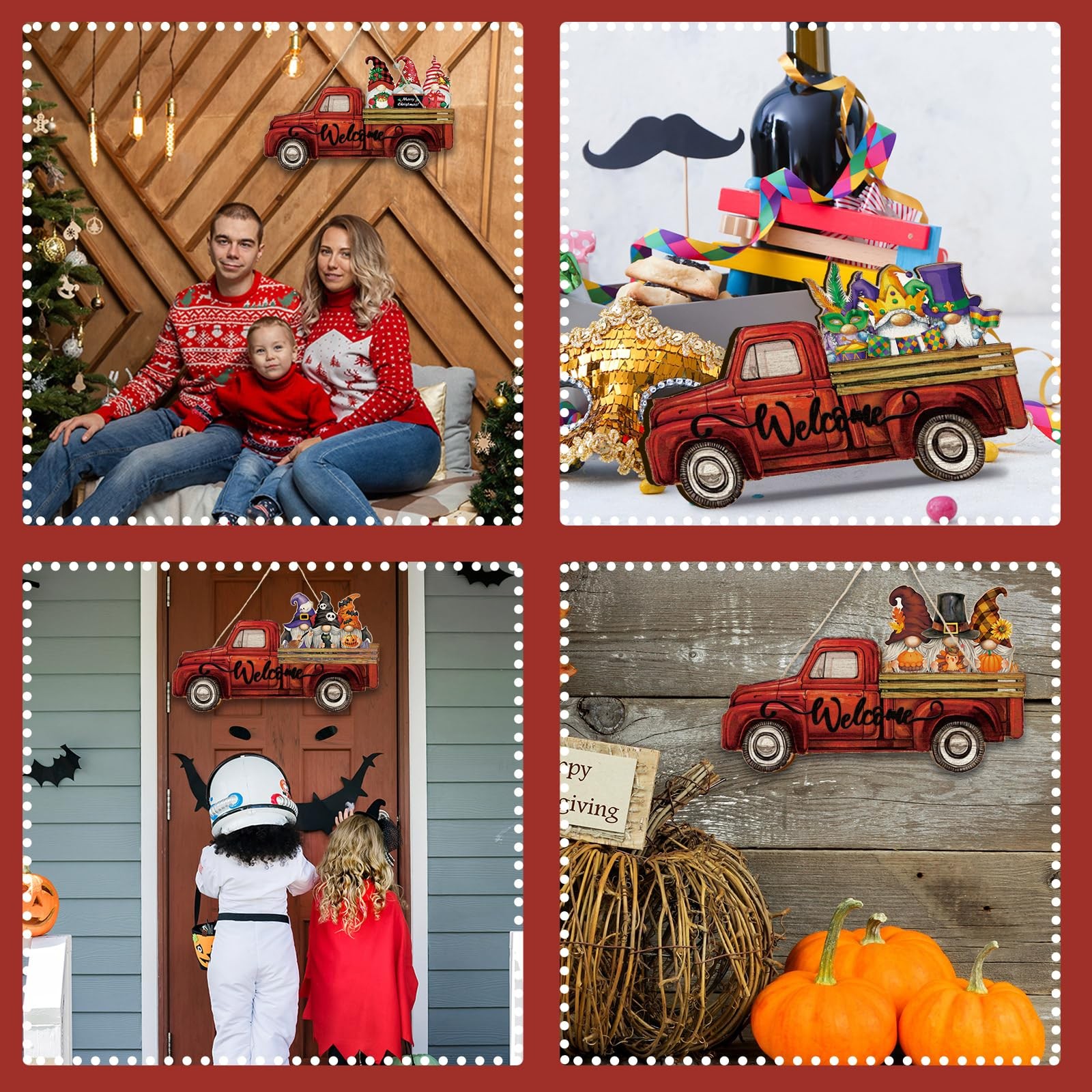 Patriotic Interchangeable Gnome Welcome Sign for Front Door, Wooden Truck Doo…
