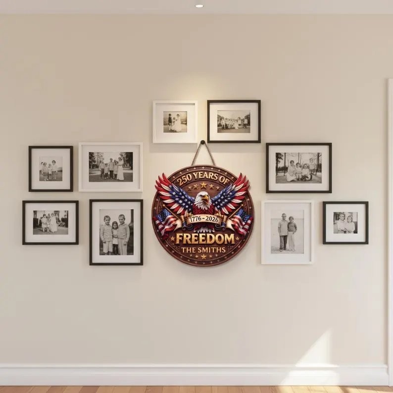 Personalized America 250 Years Wooden Sign, US Flag Eagle Door Hanger