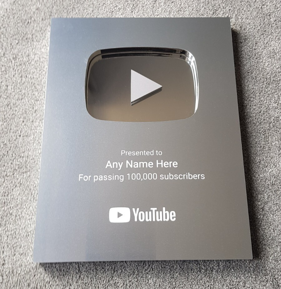 YouTube Play Button Silver Gold Personalised Custom Award Wall Plaque