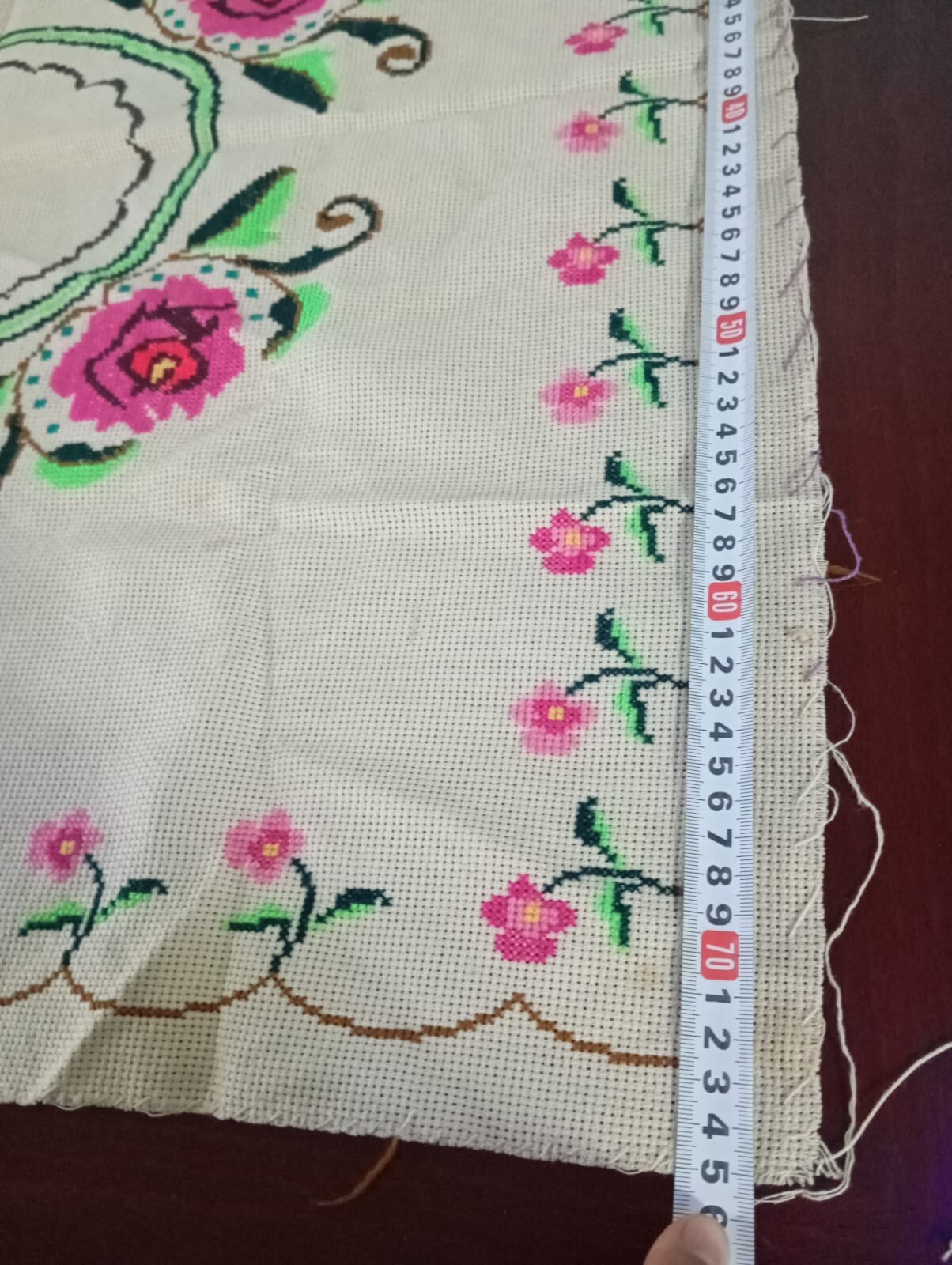 Antique Beige Wall Plaque,Hand Embroidered With Beautiful Fuchsia And Green Rose