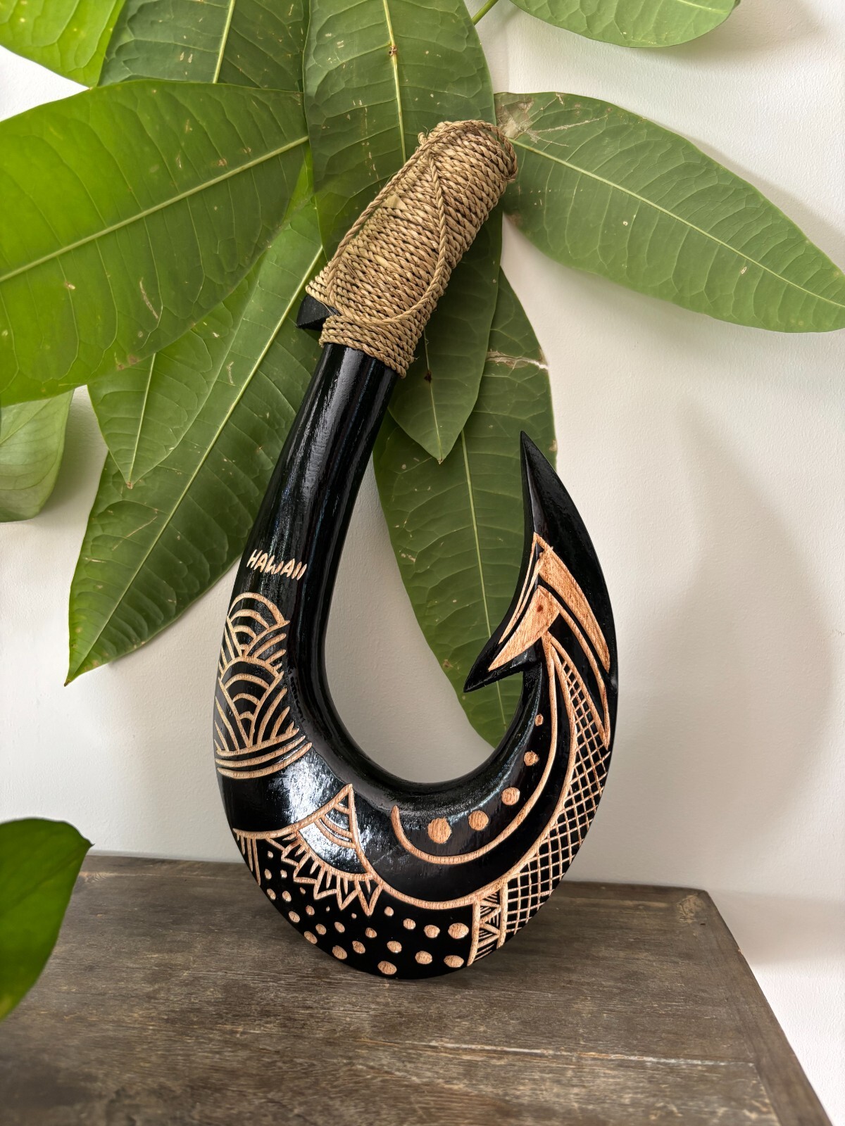 Hawaiian Hand Made Wall Home Decor Solid Black Wood Polynesian Tribal Fish Hook