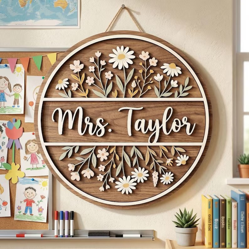 Floral Teacher Door Hanger, Personalized Name, Boho Classroom Decor
