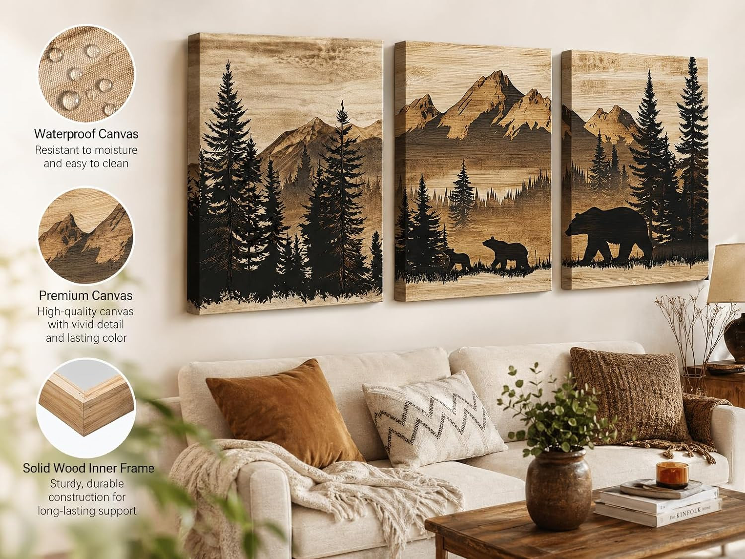 Rustic Bear Wall Art Set – Vintage Cabin Decor Canvas Prints 16″x24″ 3Pcs