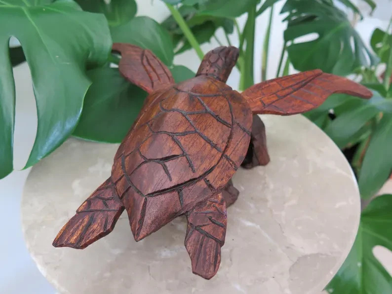 Hawaii Hand Made Solid Wood Polynesian 8″ Turtle Honu Swimming Coral Carving