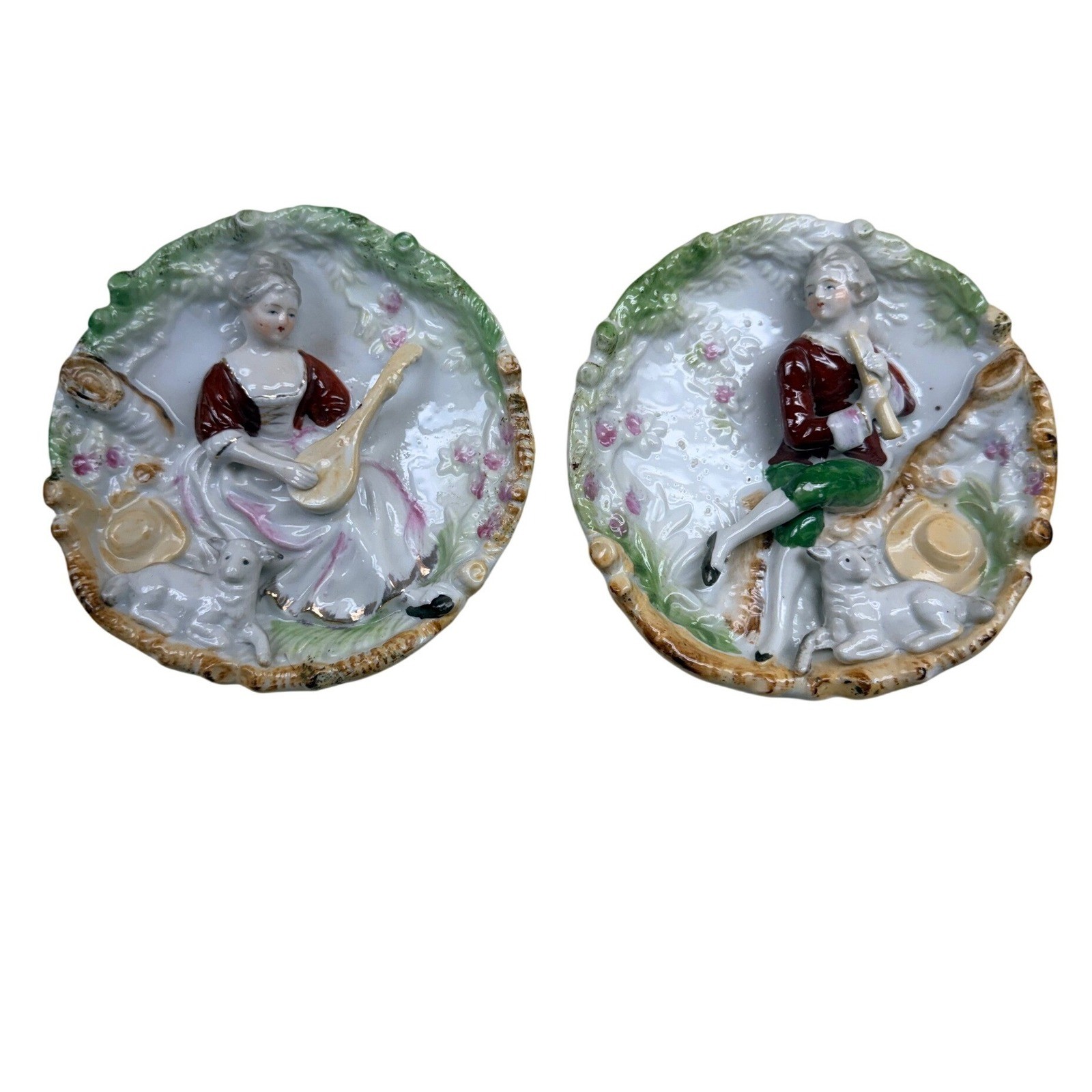 Vintage Porcelain 3D Relief Wall Plaques Set 2 6″ Multicolor Pastoral Figures