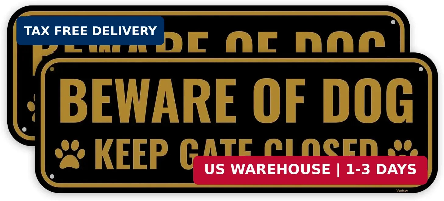 2PC Funny Beware of Dog Sign, 10 x 3.5 Inches – Aluminum – Cute Keep Gate Closed