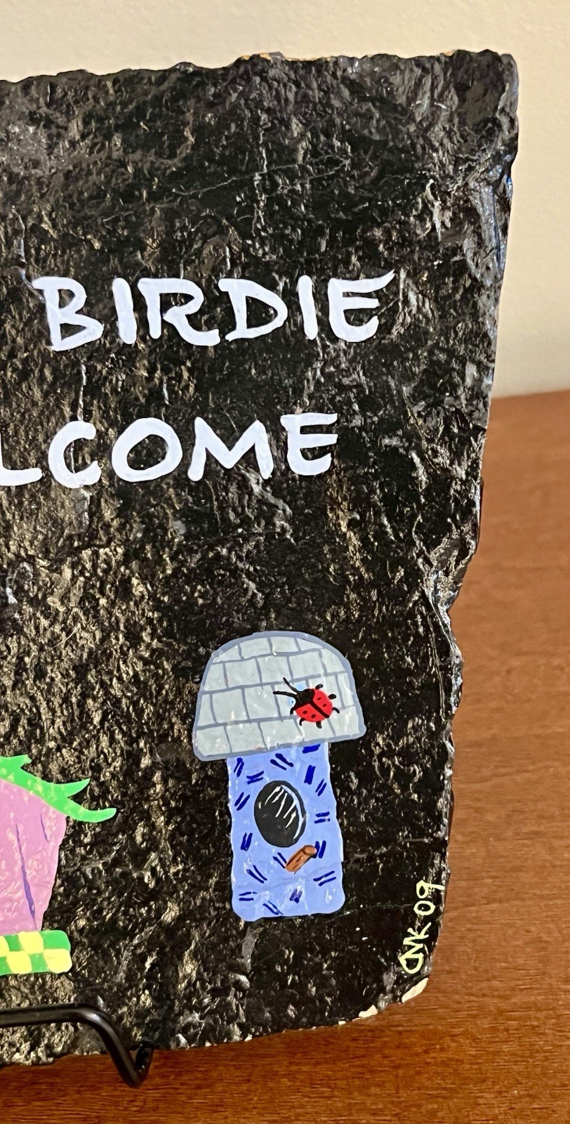 Hand Painted Slate Plaque Every Birdie Is Welcome Birdhouse Folk Art Signed