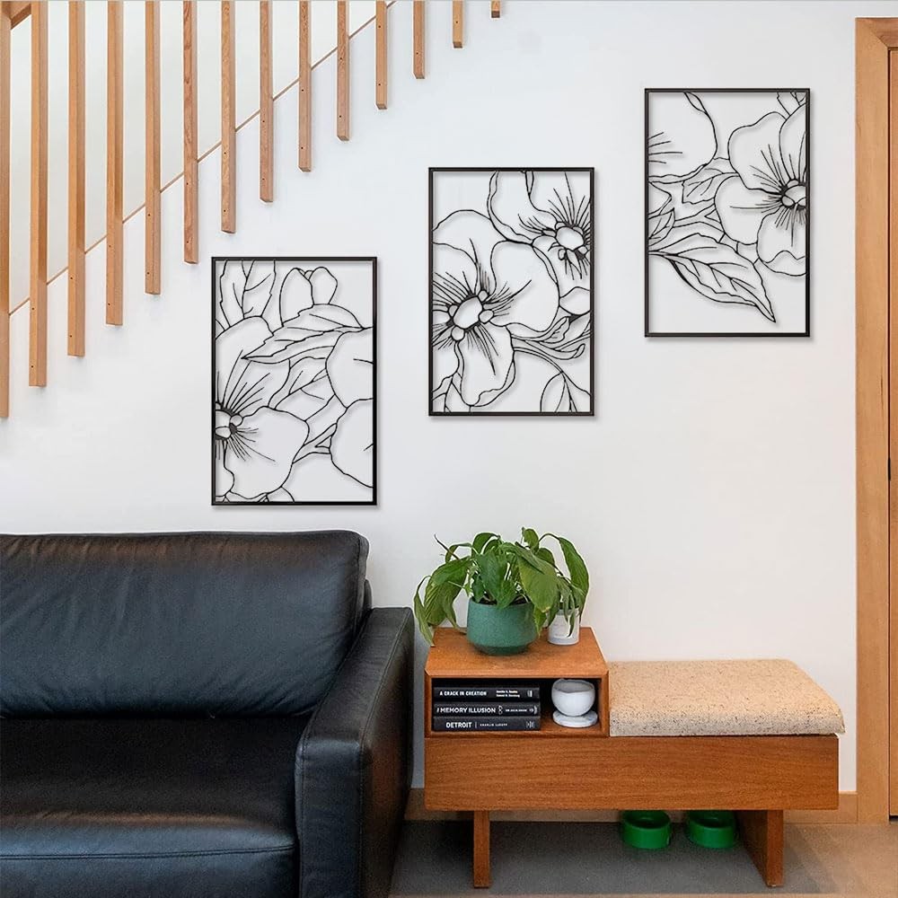 3 PCS Black Metal Flowers Wall Decor Minimalist Line Art Floral 12×18 Inch