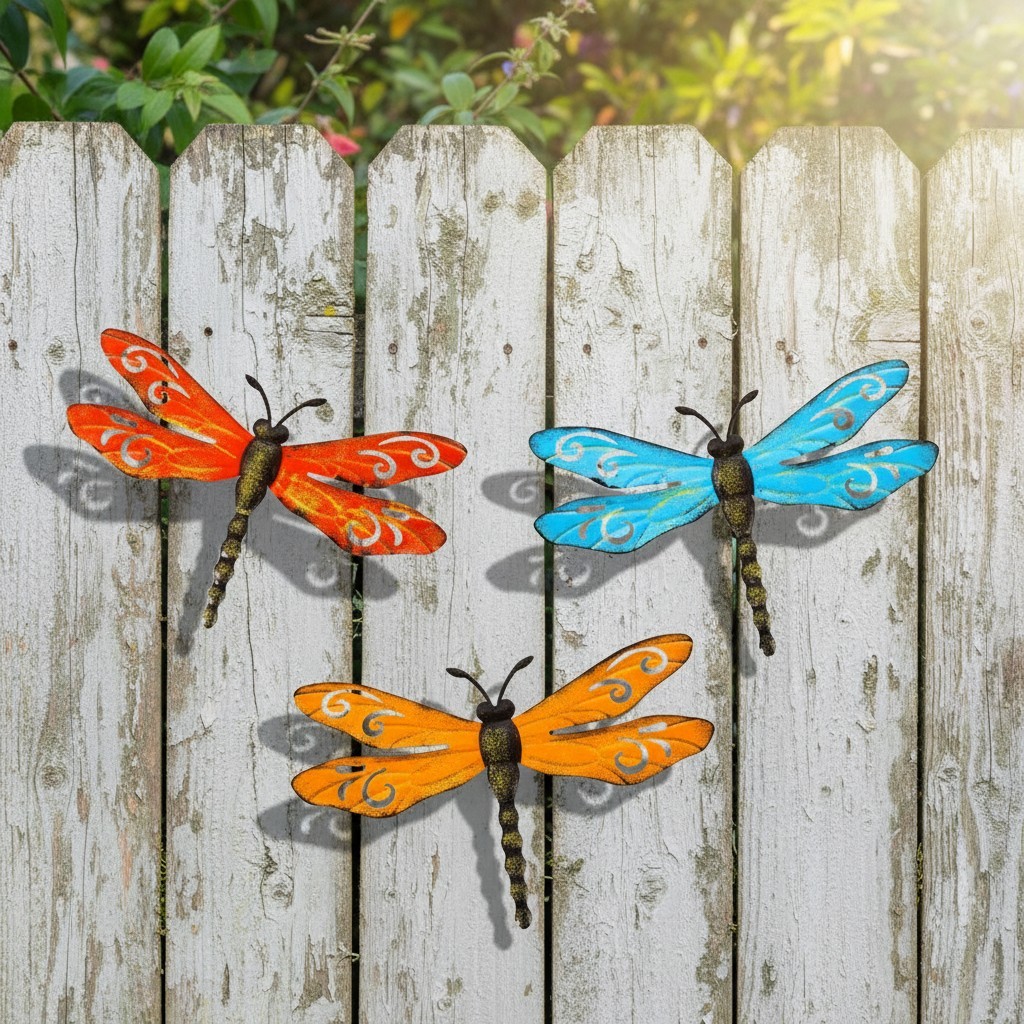 Metal Dragonfly Wall Decor 3 Pack Outdoor Garden Fence Art Hanging Decorations