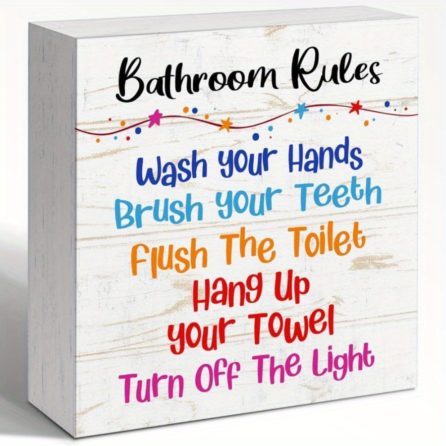 2D 1P Bathroom Rules Wooden Box Sign Colorful Step-by-Step Letters Decor 5×5