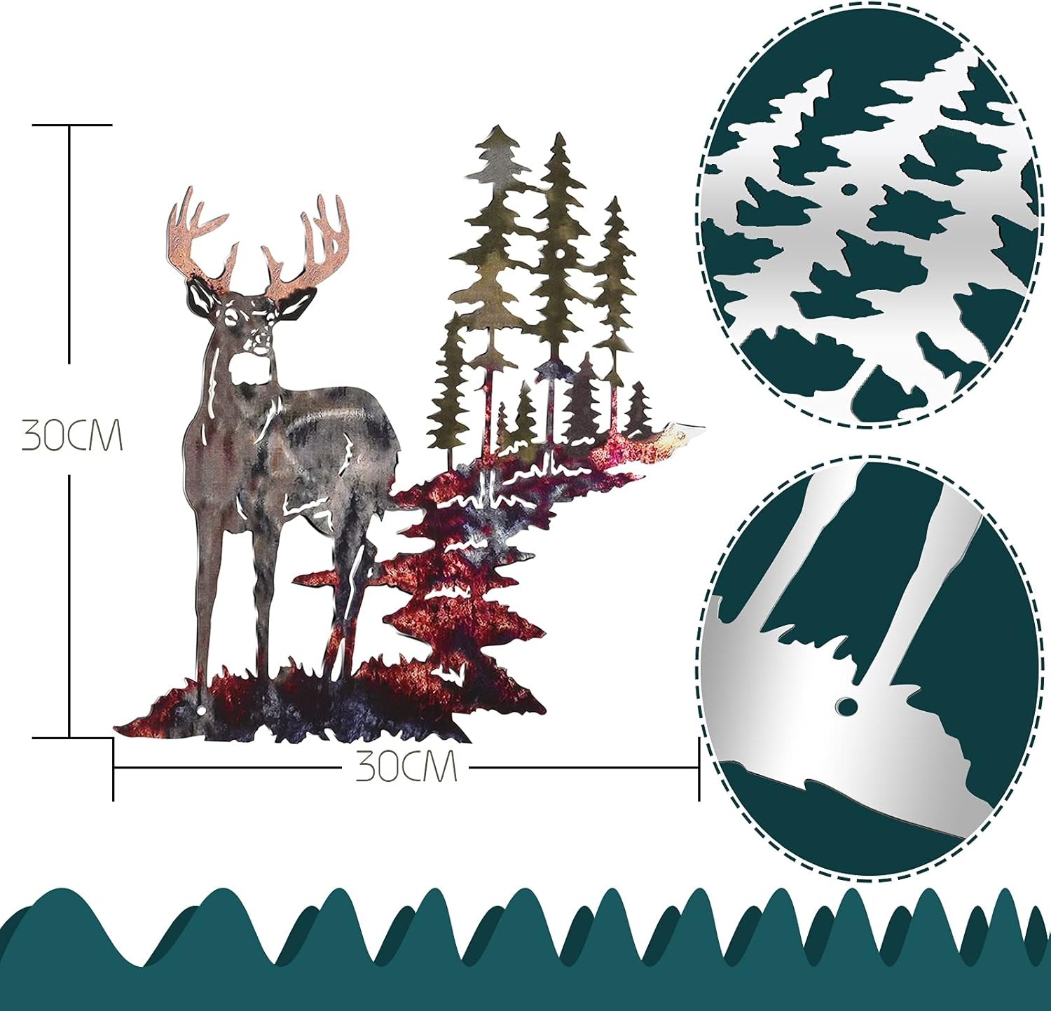 Forest Deer Wall Hanging Metal-Finish Rustic Hunting Decor 11.8 x 7.9 inches