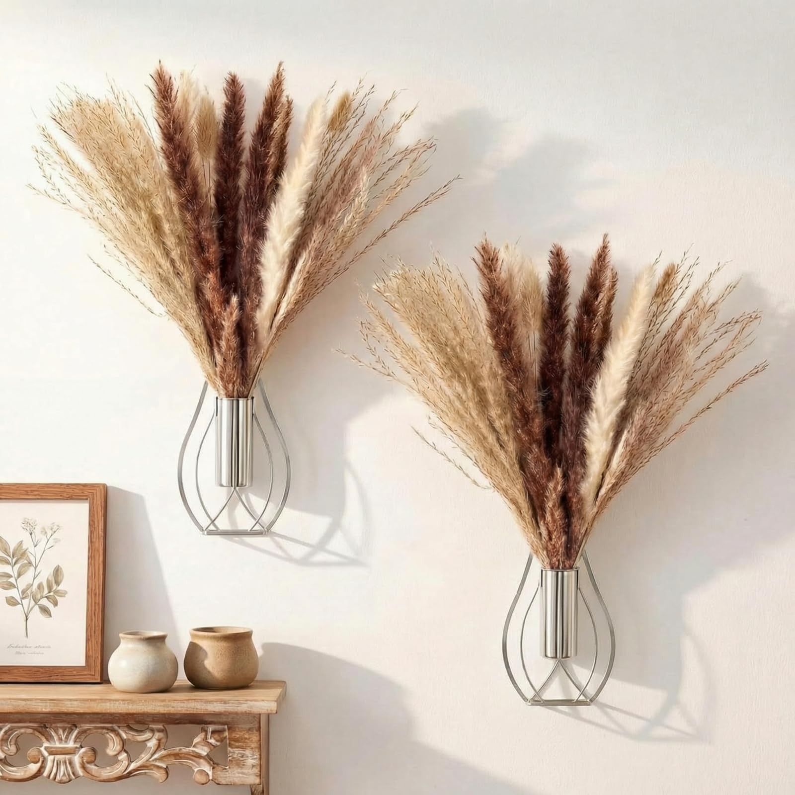 Boho Wall Decor Set of 2 – Metal Hanging Wall Art with Faux Pampas or Eucalyp…