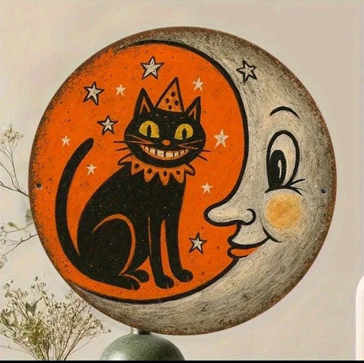 Cat Moon Metal Sign 8×8″ Vintage Tin Wall Art Quirky Black Cat Crescent Moon